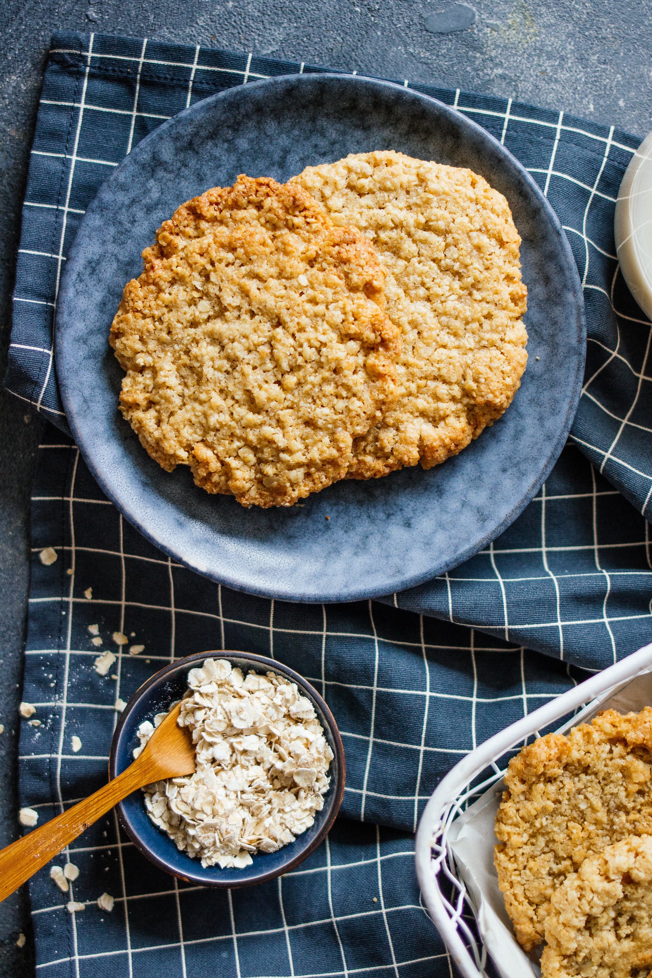 vegan oat cookies on a blue plate