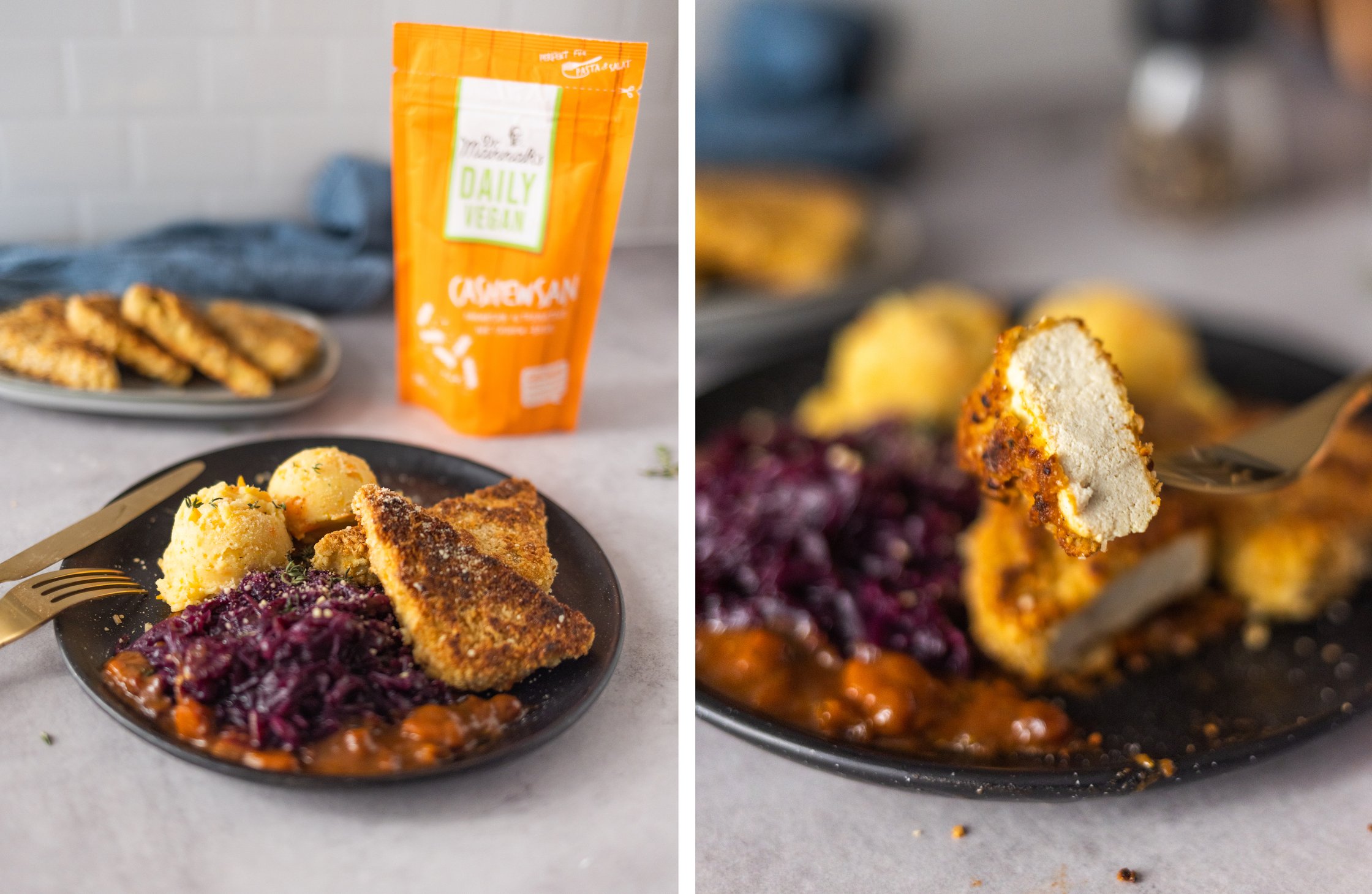left: finished dish on the plate with vegan parmesan
right: tofu with parmesan crust