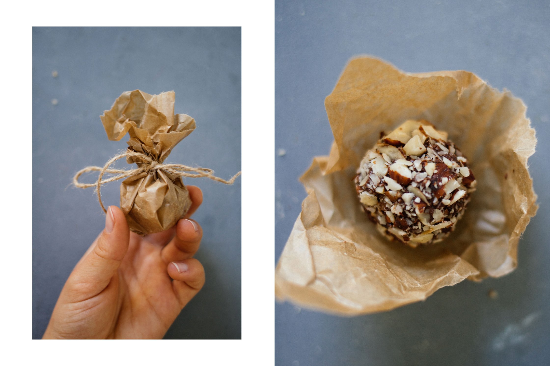 vegan rocher wrapped in brown paper