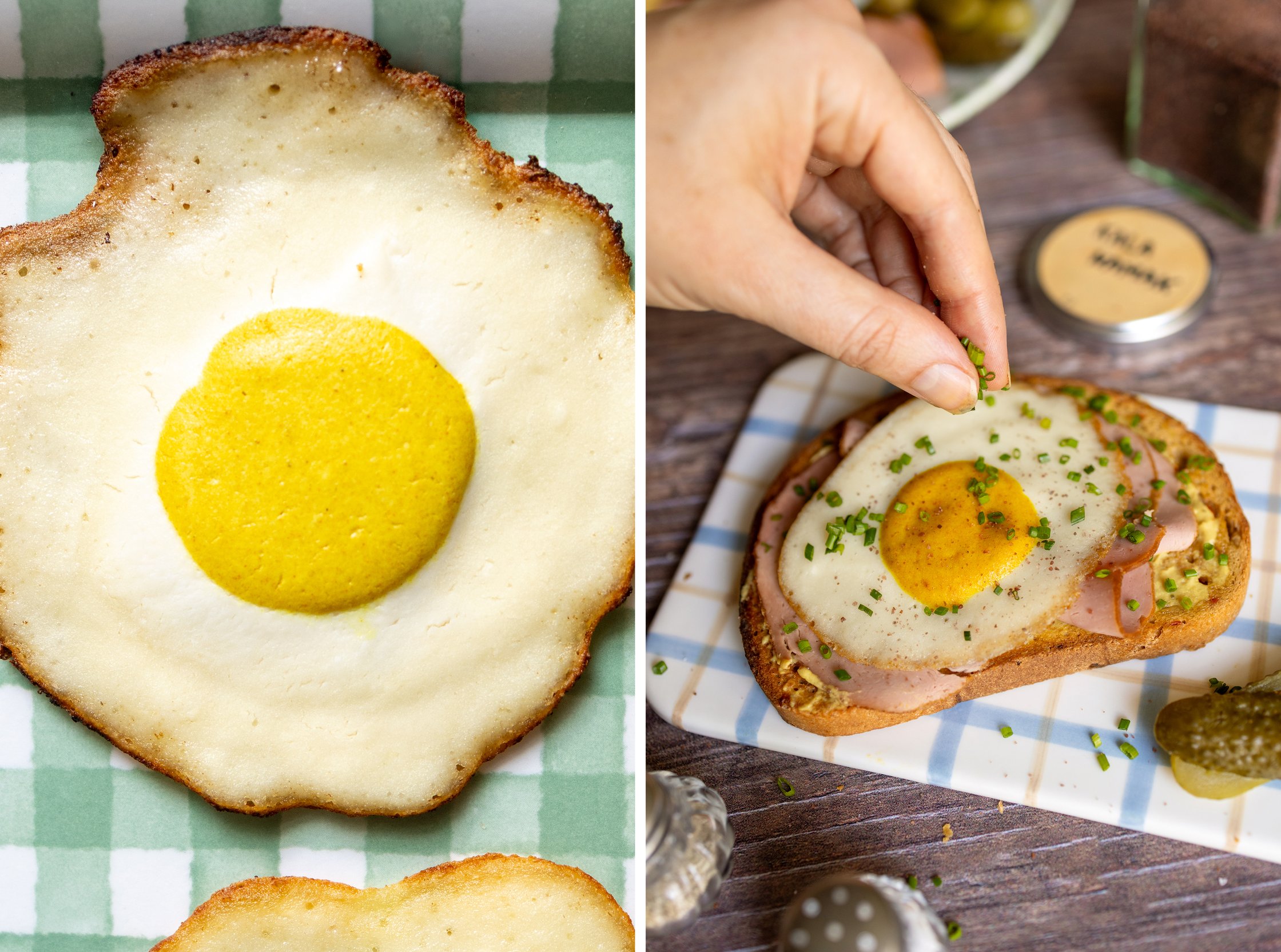 A top-down shot of a large plate with three open-faced sandwiches topped with ham, cheese, and a fried egg.