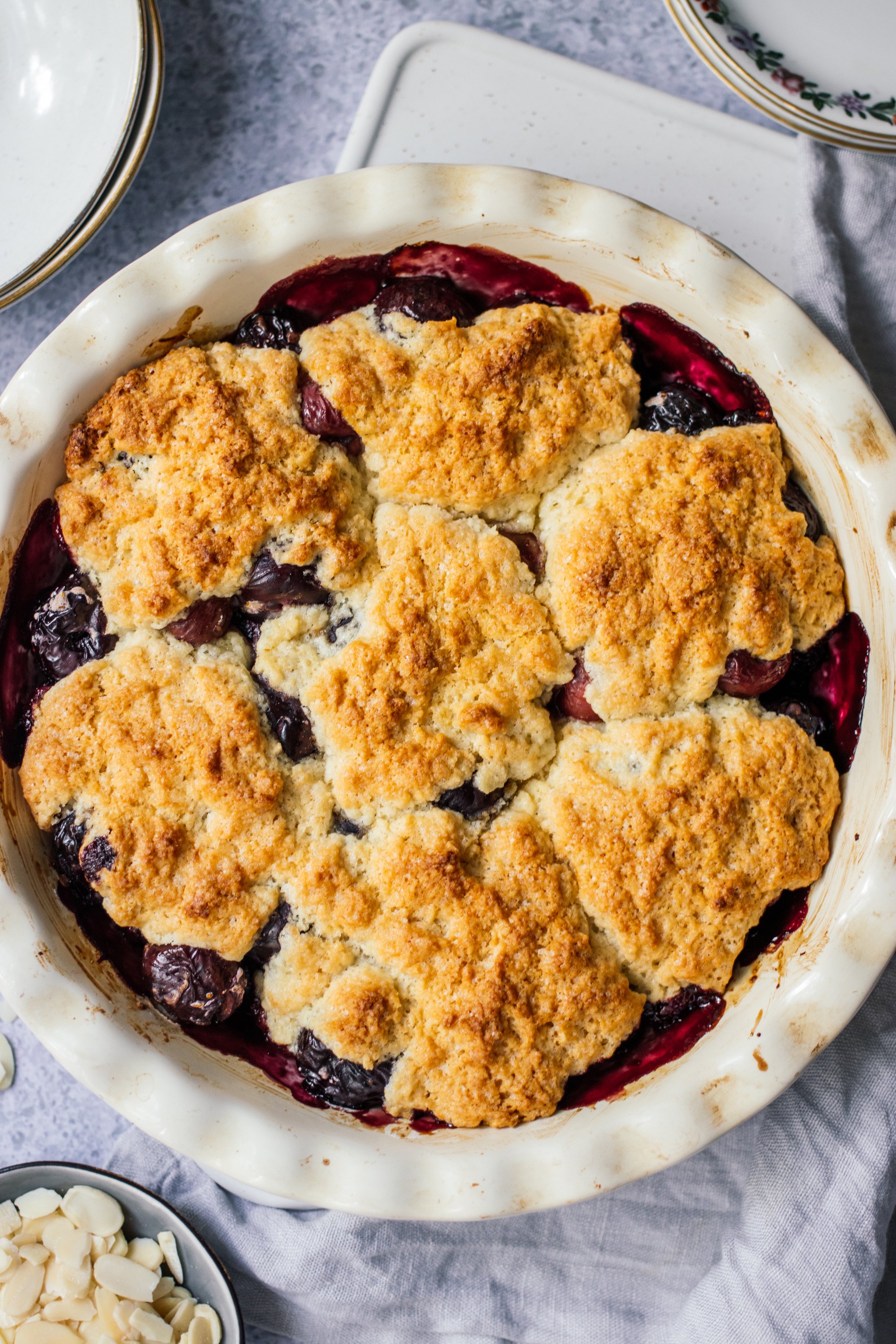 vegan cherry cobbler after baking