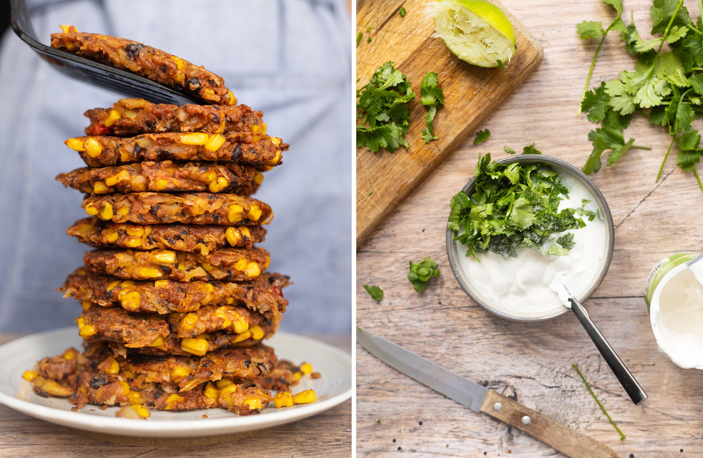 Left: A fritter is placed on a stack of fritters. Right: A bowl of dip with herbs is on the table.