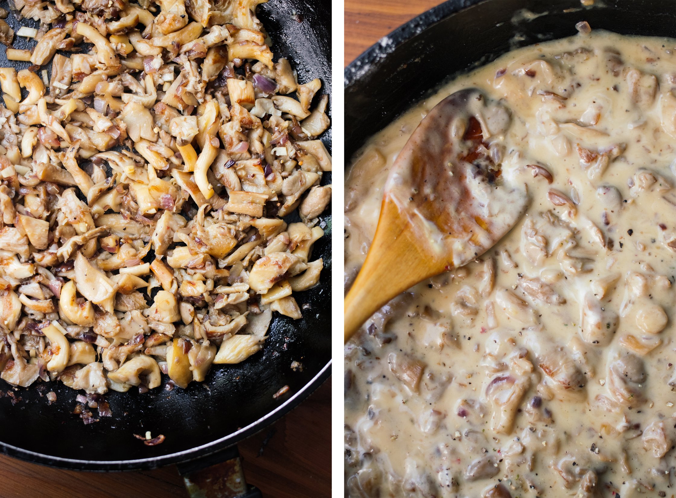 mushroom stroganoff in a frying pan
