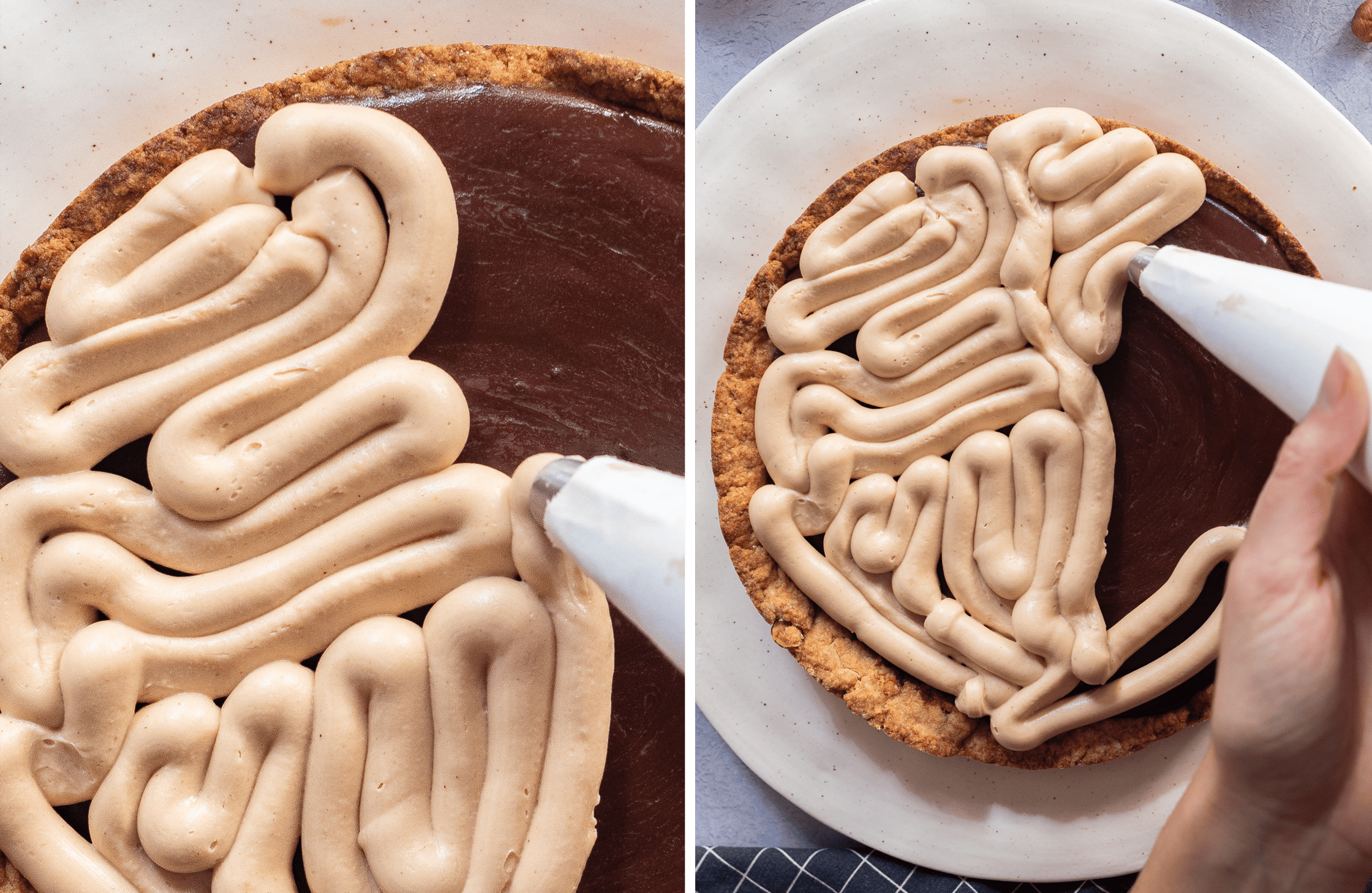 Eine vegane Haselnusscreme wird auf einem Tarte Boden gefüllt mit Ganache verteilt.