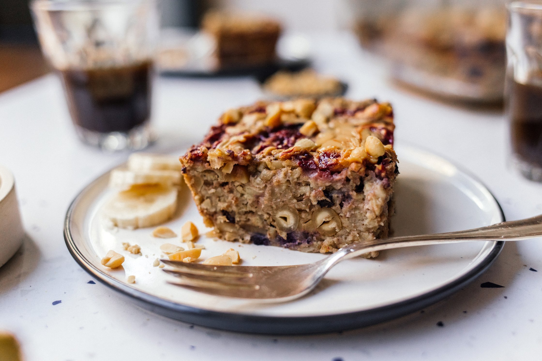 Vegan Baked Oatmeal with Peanut Butter & Jam cut open