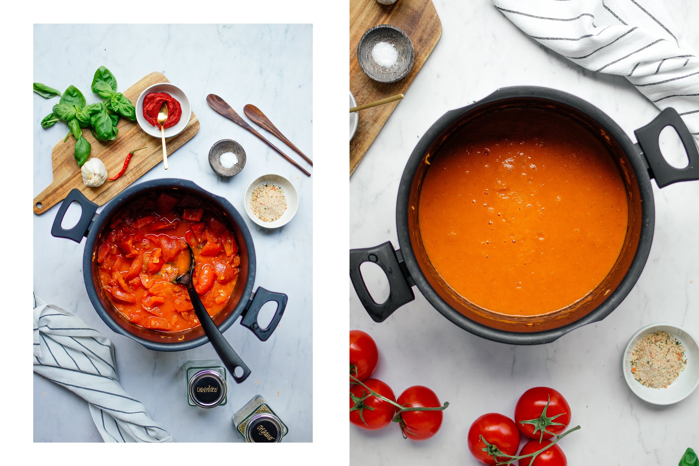 vegan tomato soup is boiled down and mashed