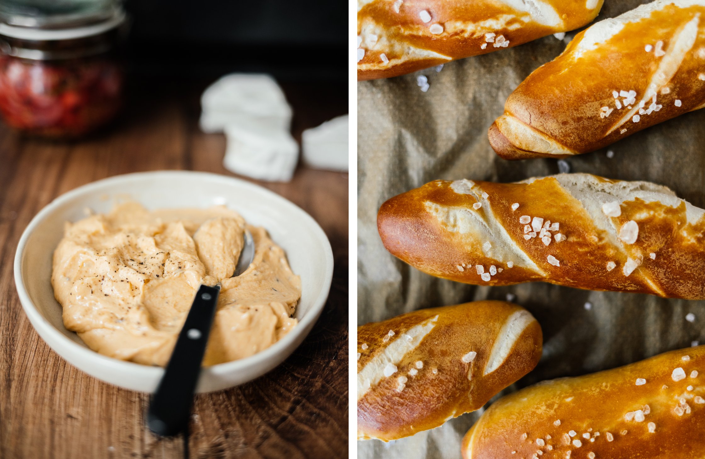 vegan mayonnaise with obazda flavor; baked pretzel breadsticks