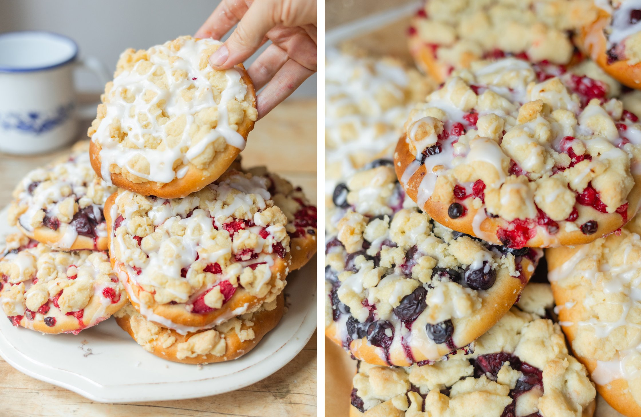 vegane Streuselschnecken mit Beeren und Zuckerguss