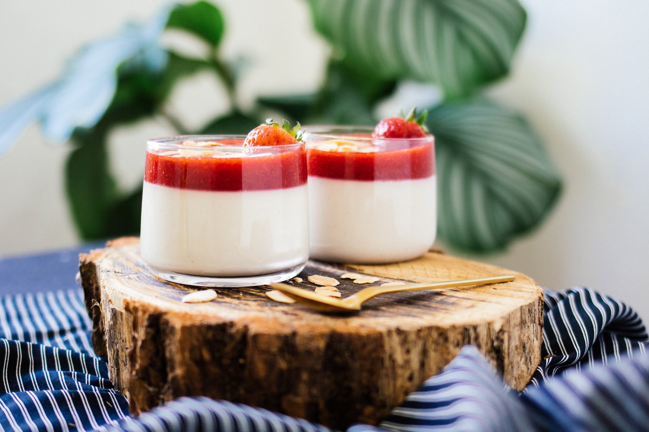 two panna cotta on a wooden backdrop