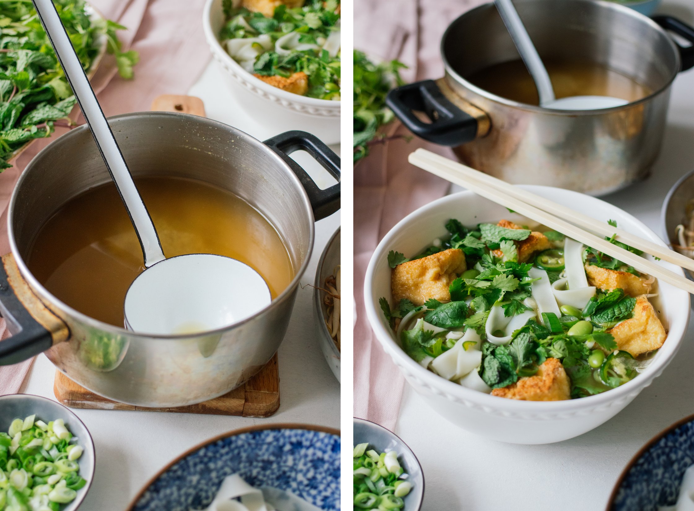 vegetable stock and ladle on the table