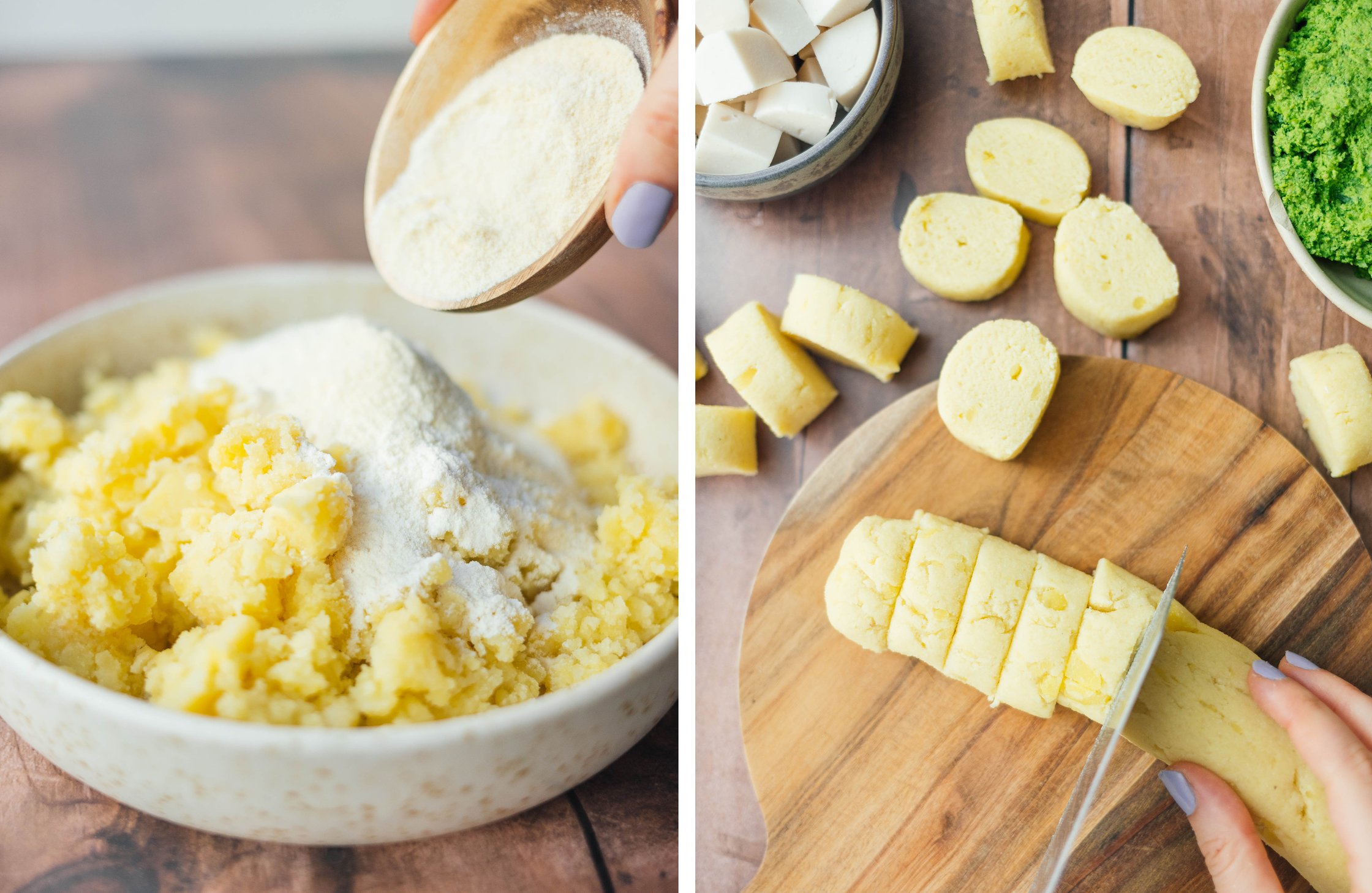 mixing vegan gnocchi dough; cutting gnocchi from the dough