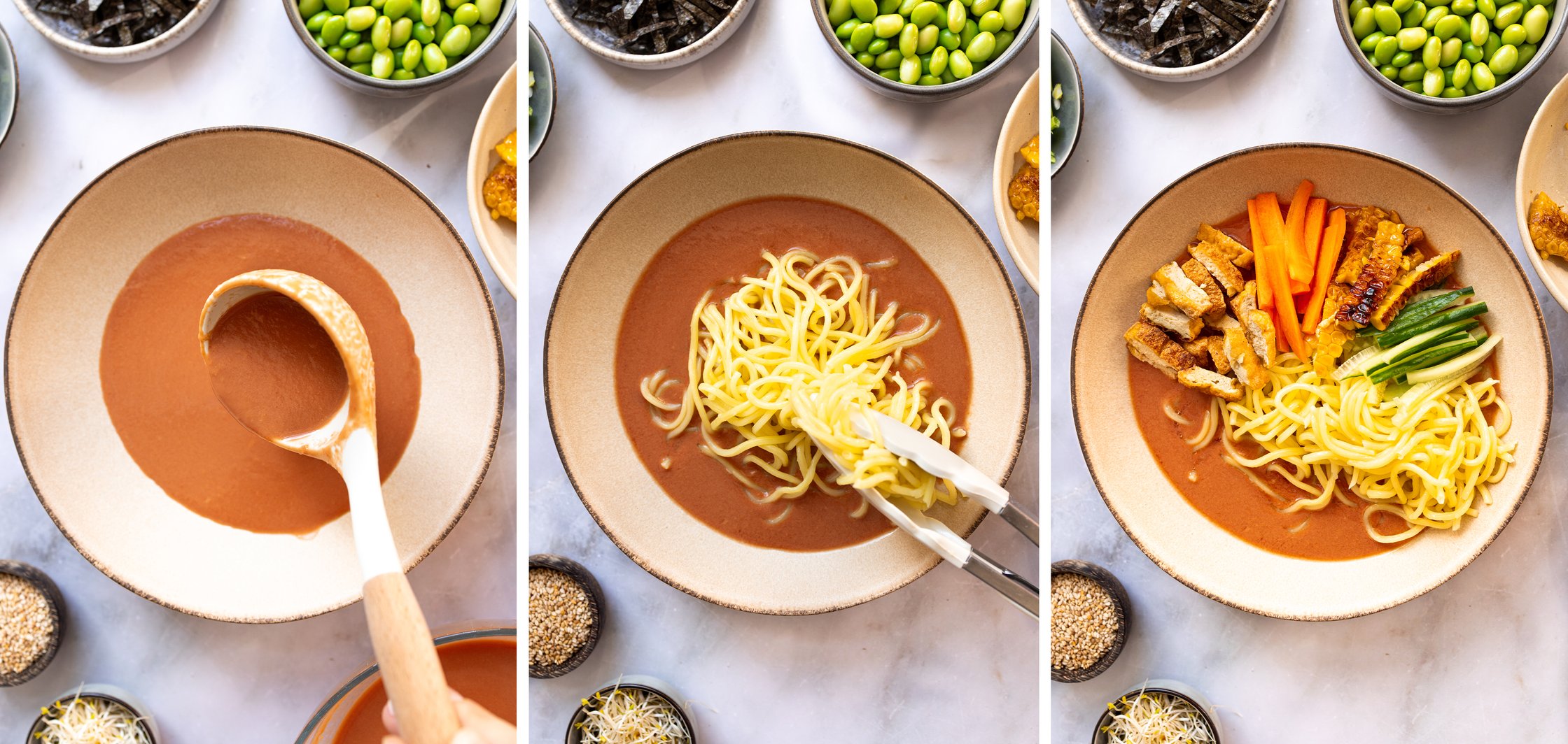 A three-part image: A ladleful of tomato soup is poured into a bowl and then gradually topped with vegetables.