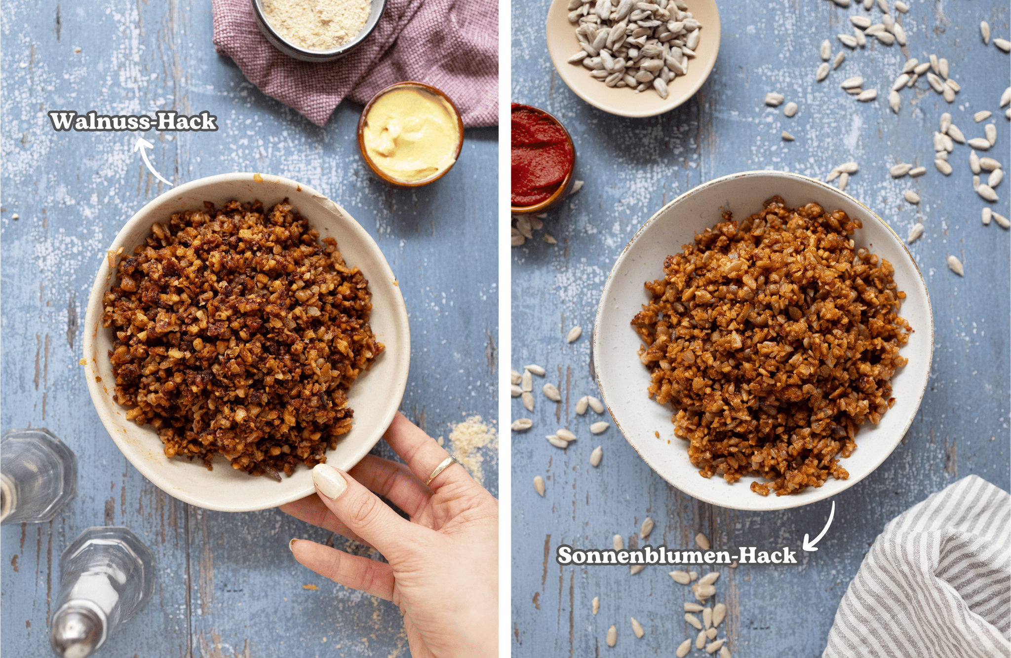 left: vegan Walnut Minced Meat
right: vegan Sunflower Minced Meat