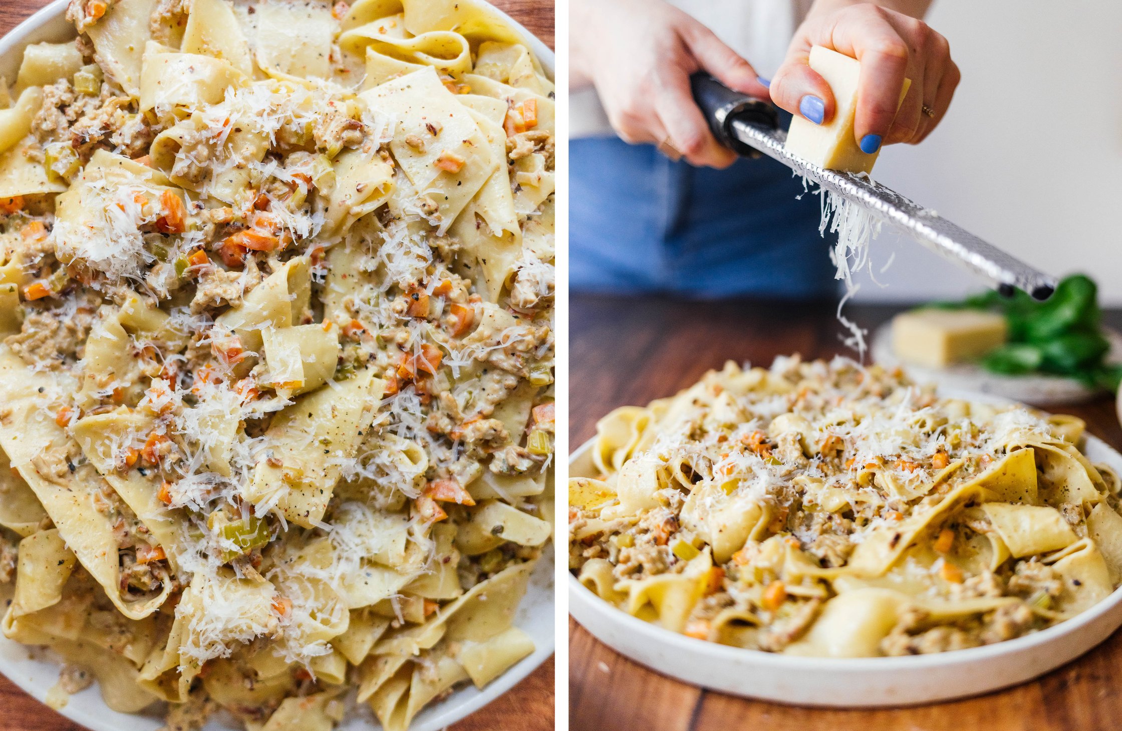 weiße Bolognese Pasta mit veganem Parmesan toppen