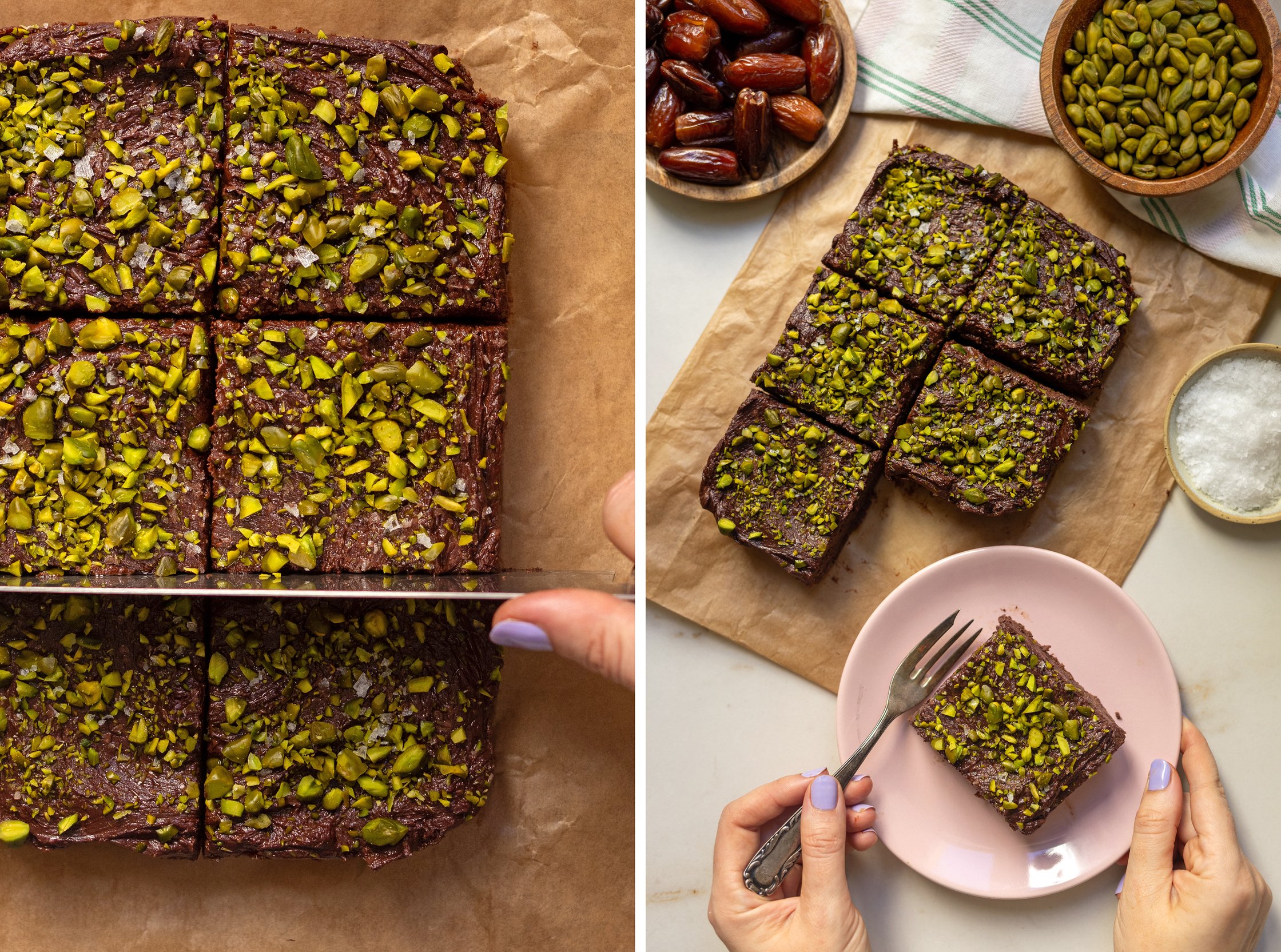 Die Brownies werden geschnitten und ein Stück auf ein Teller gelegt.