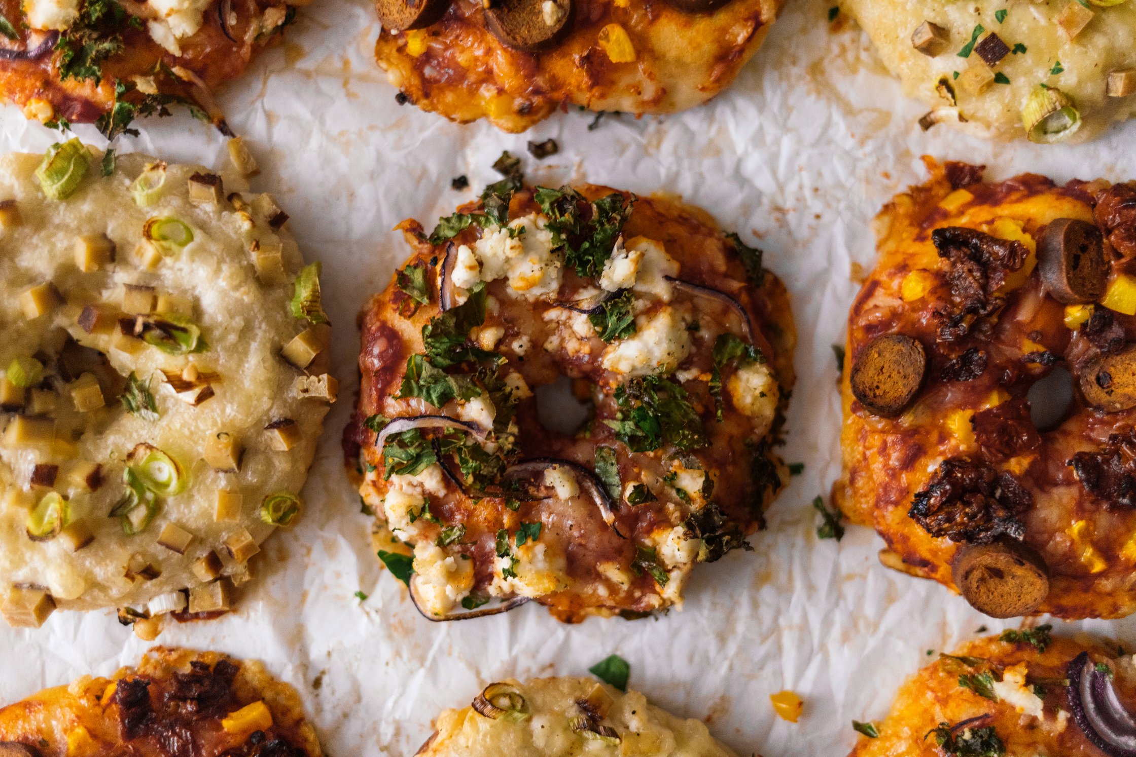 closeup of vegan pizza donuts