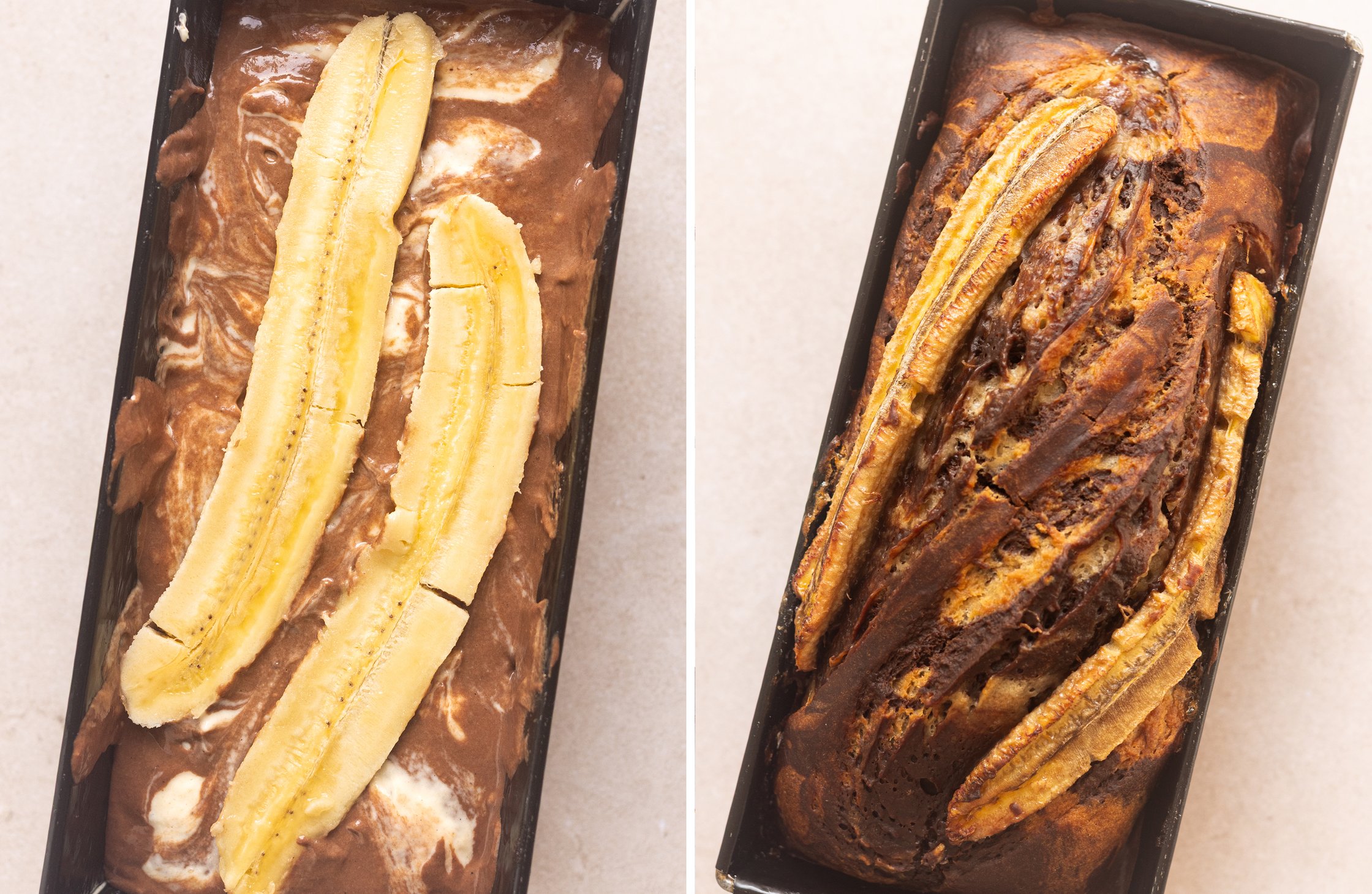 Two-part image - Left: Marble banana bread before baking. Right: After baking.