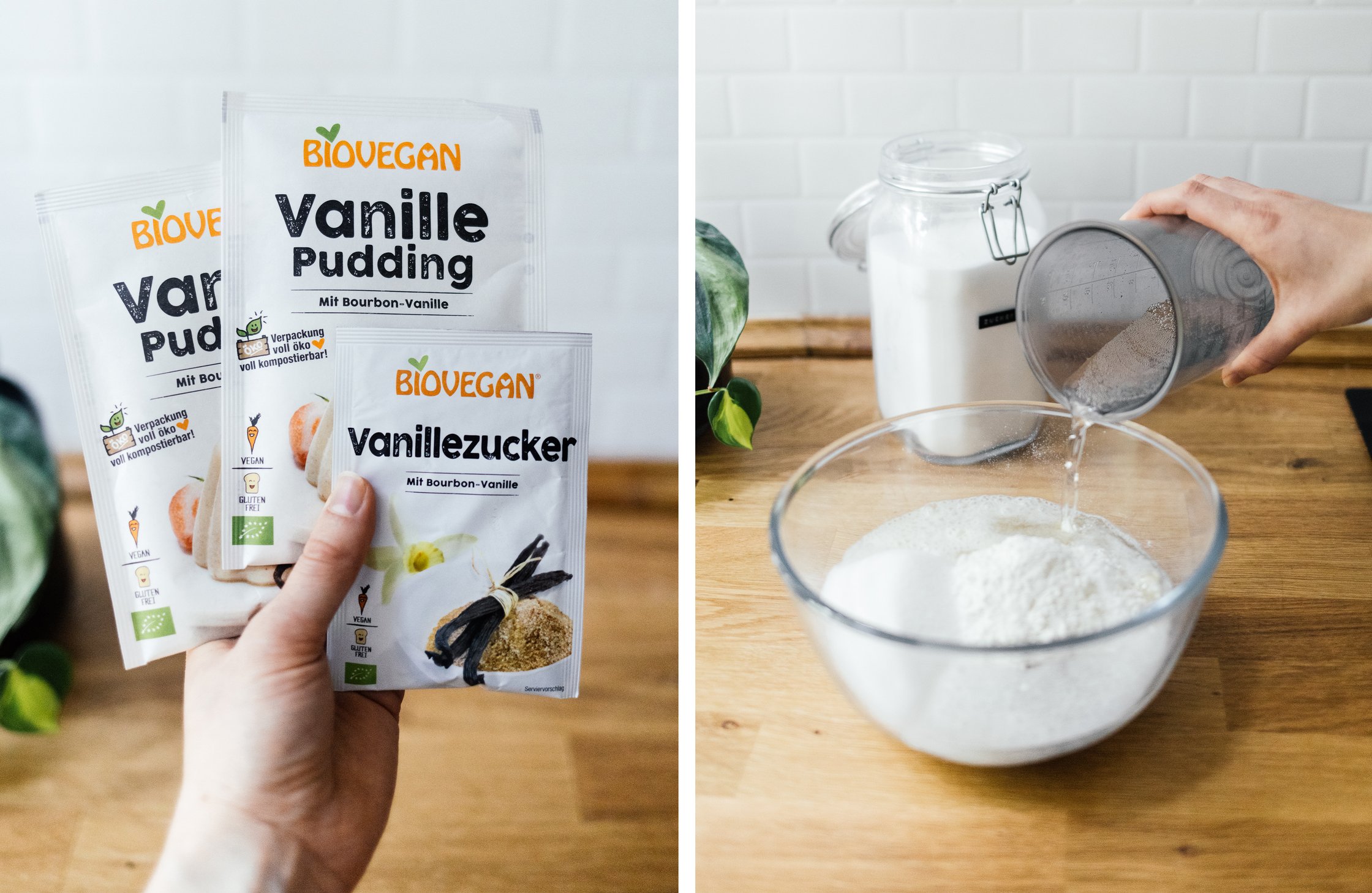 Päckchen mit Puddingpulver und Vanillezucker; Biskuitteig anrühren