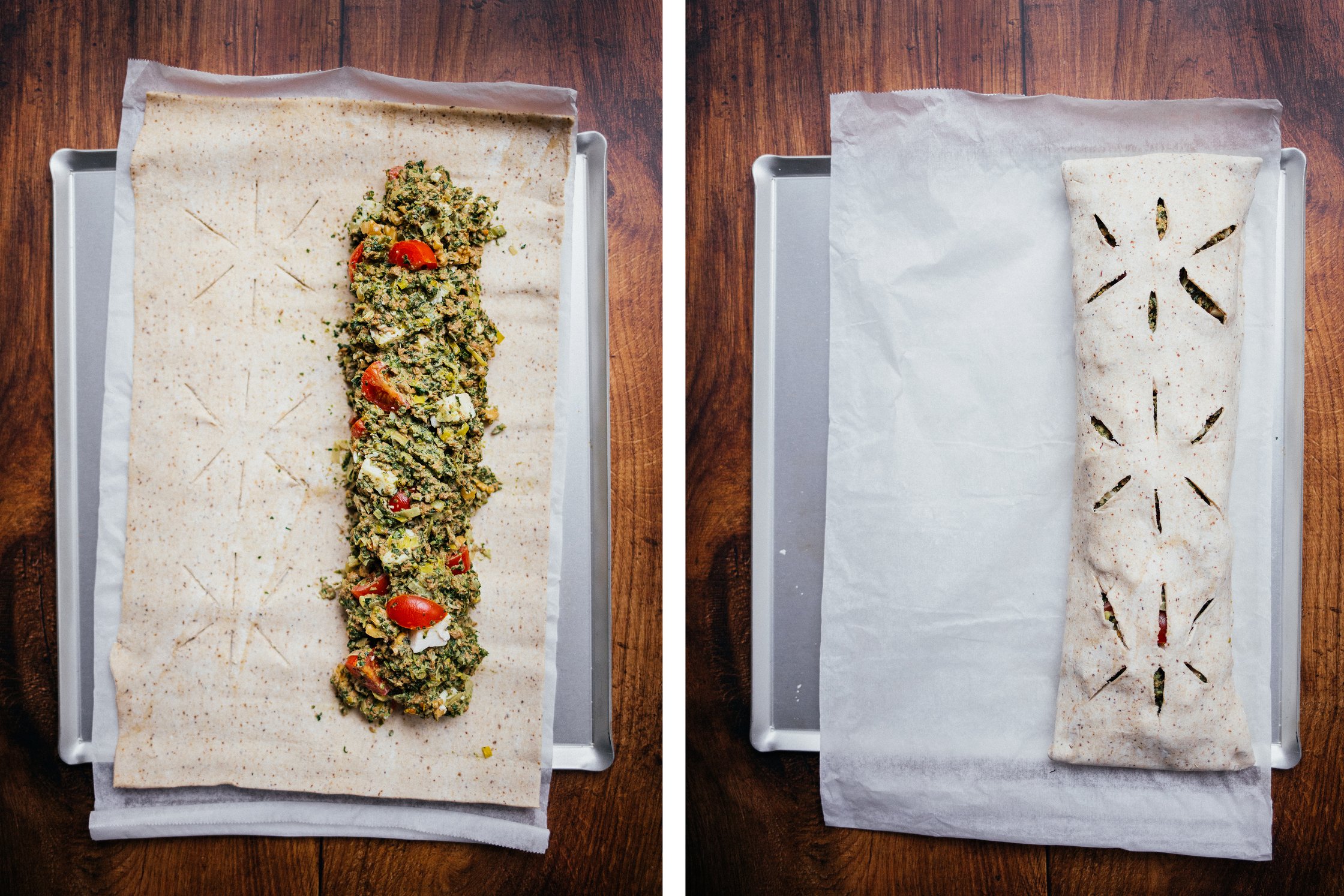 Blätterteig wird befüllt mit Gemüse, veganem Hack und pflanzlichem Feta.