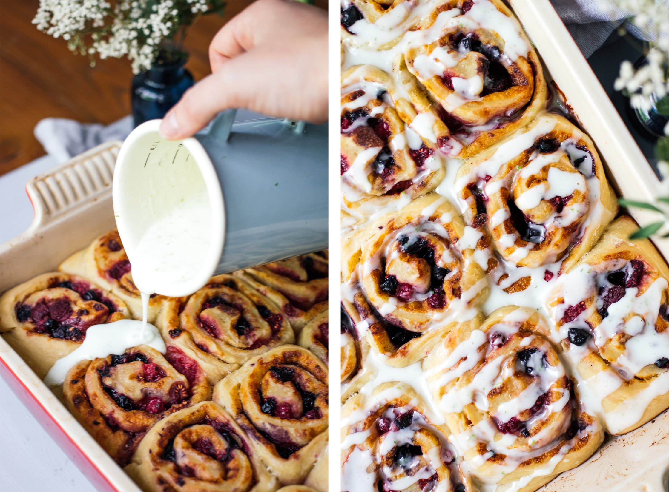drizzling glazing on top of vegan berry rolls