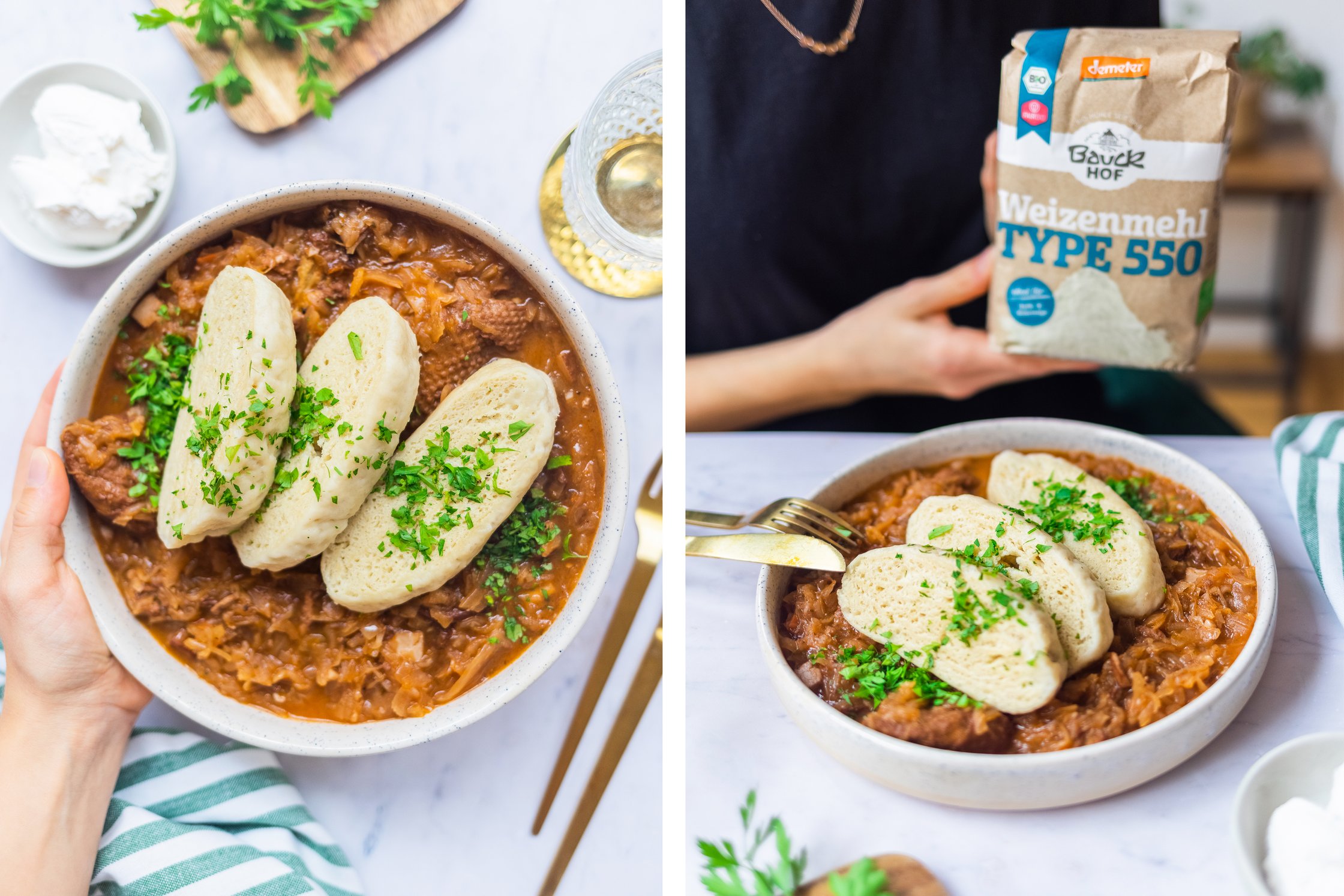 A plate with vegan yeast dumplings with Szegedin Goulash (Hungarian Stew).