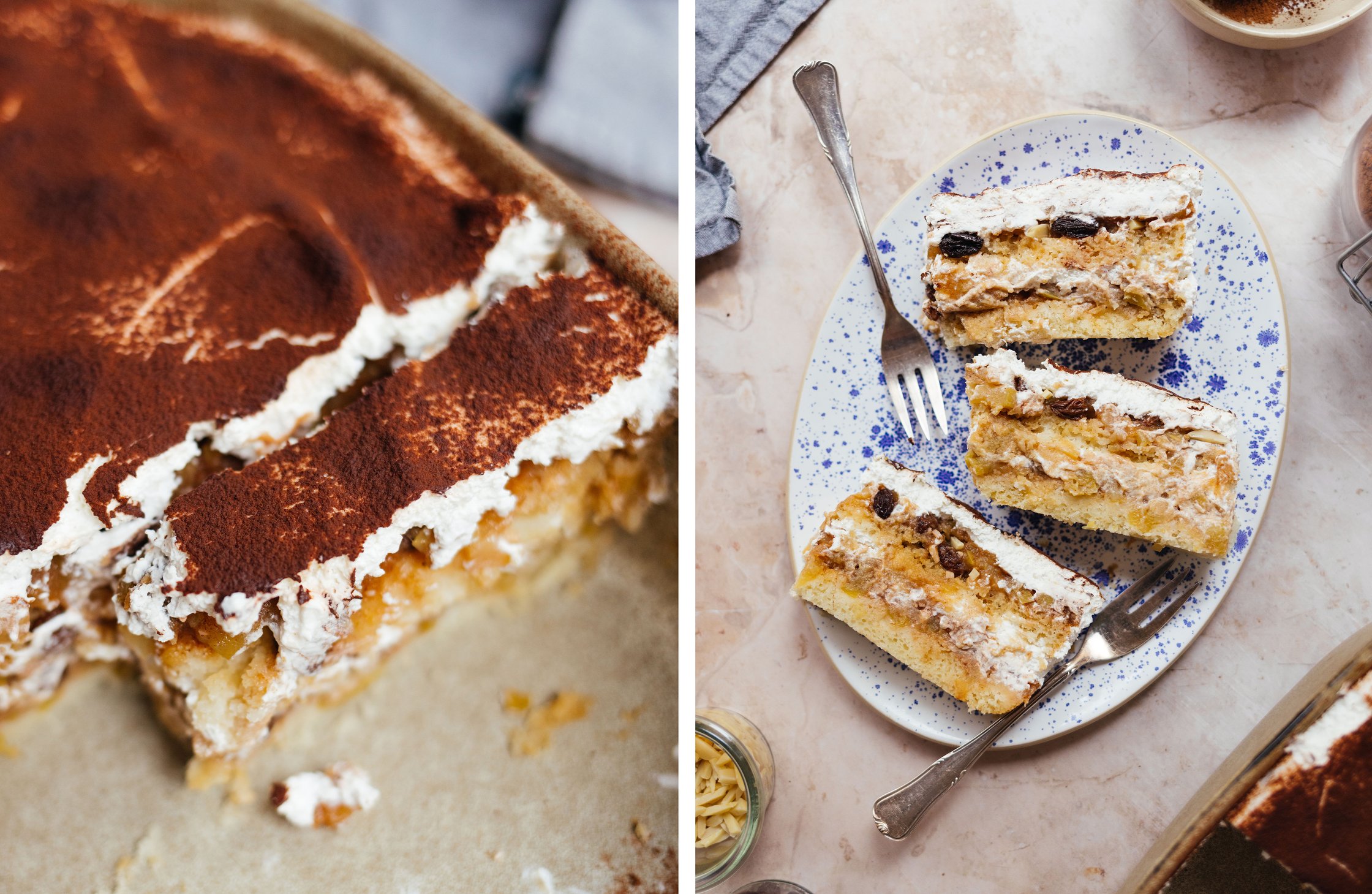 vegan baked apple tiramisu as a whole and cut into slices