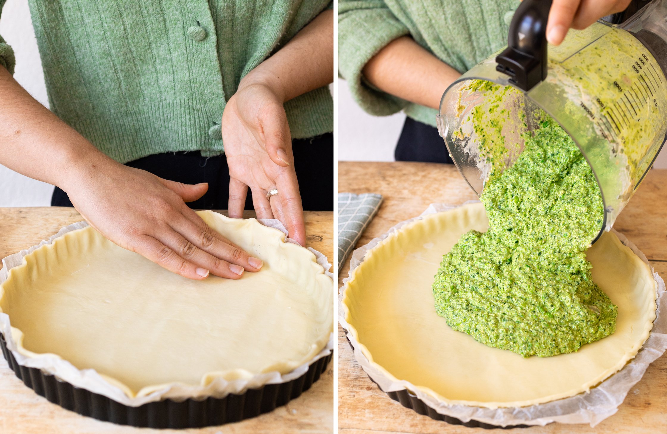 Ein zweigeteiltes Bild. Links der Quiche Teig und Rechts wie die Füllung in die Form gegeben wird.