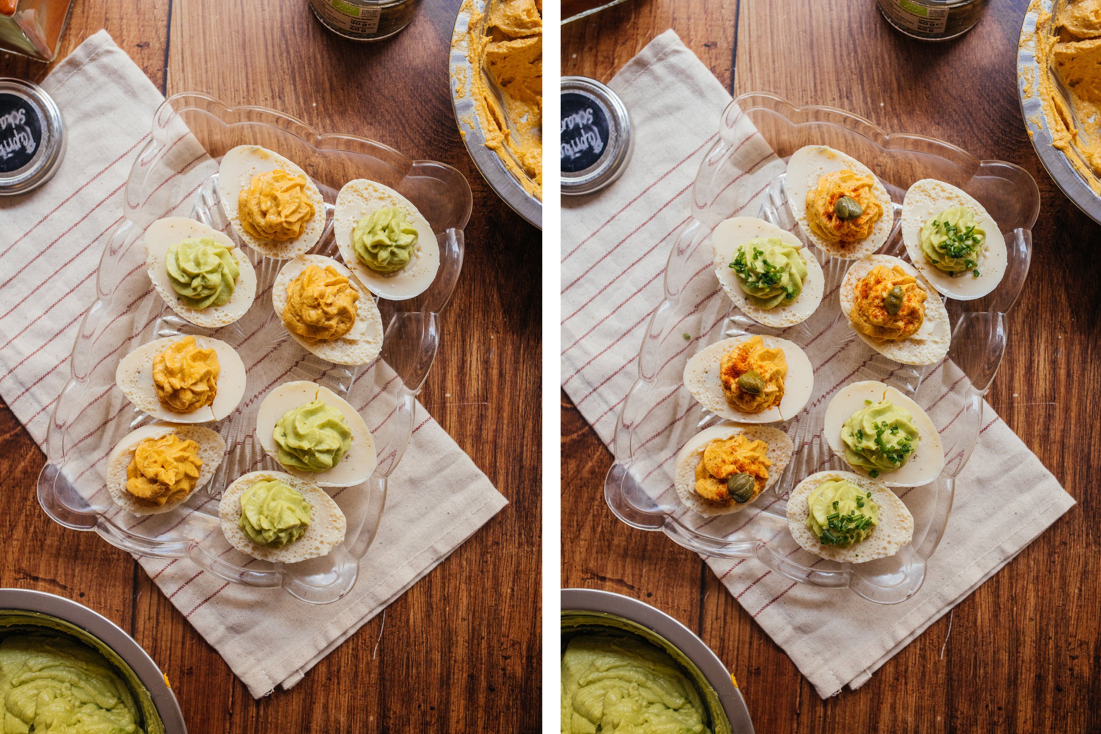 vegan stuffed eggs with and without toppings