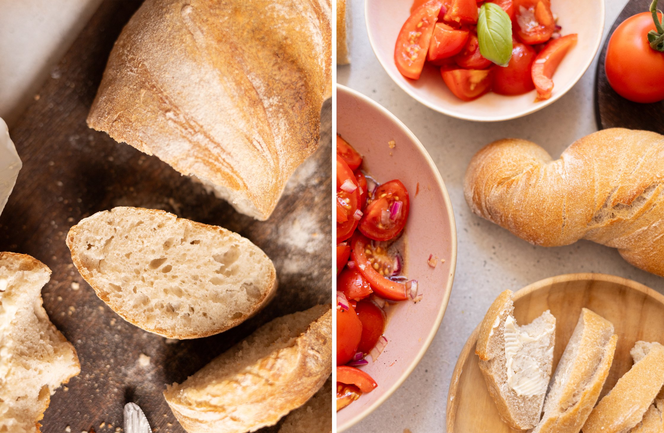 Das fertige Baguette angeschnitten mit Butter und zusammen mit dem Tomatensalat serviert.