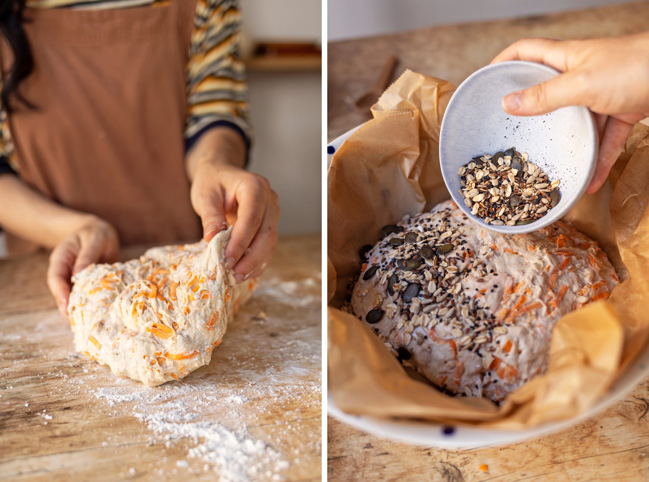 dough for carrot walnut bread is shaped and sprinkled with seeds