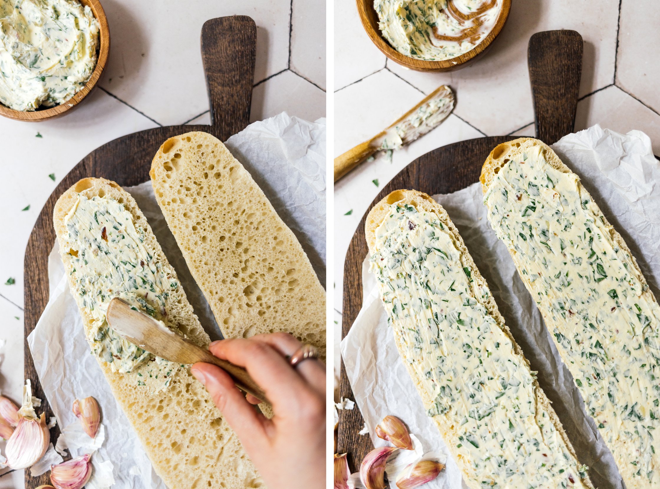 spreading vegan herb and garlic butter on baguette