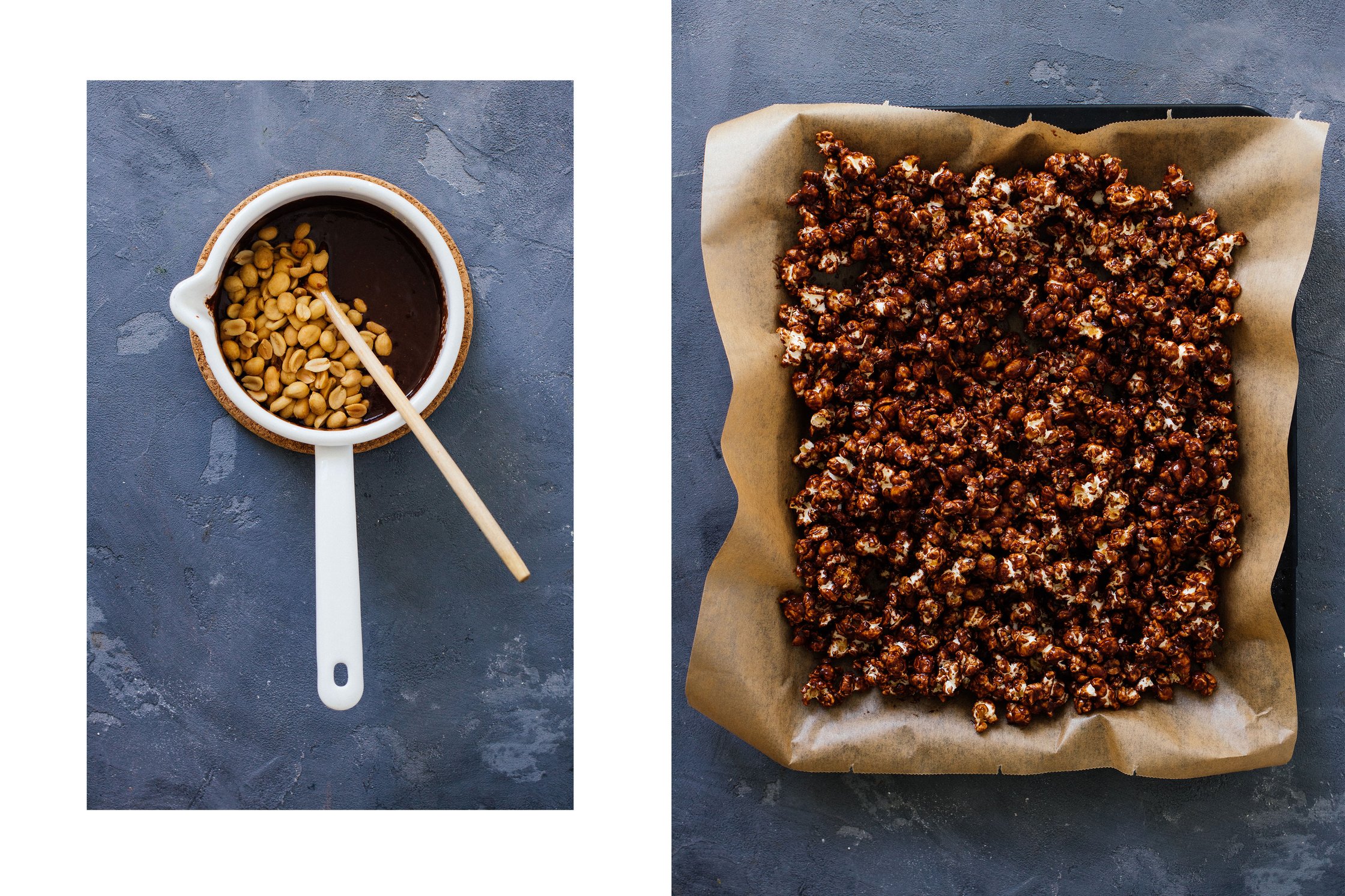 chocolate popcorn on a baking tin
