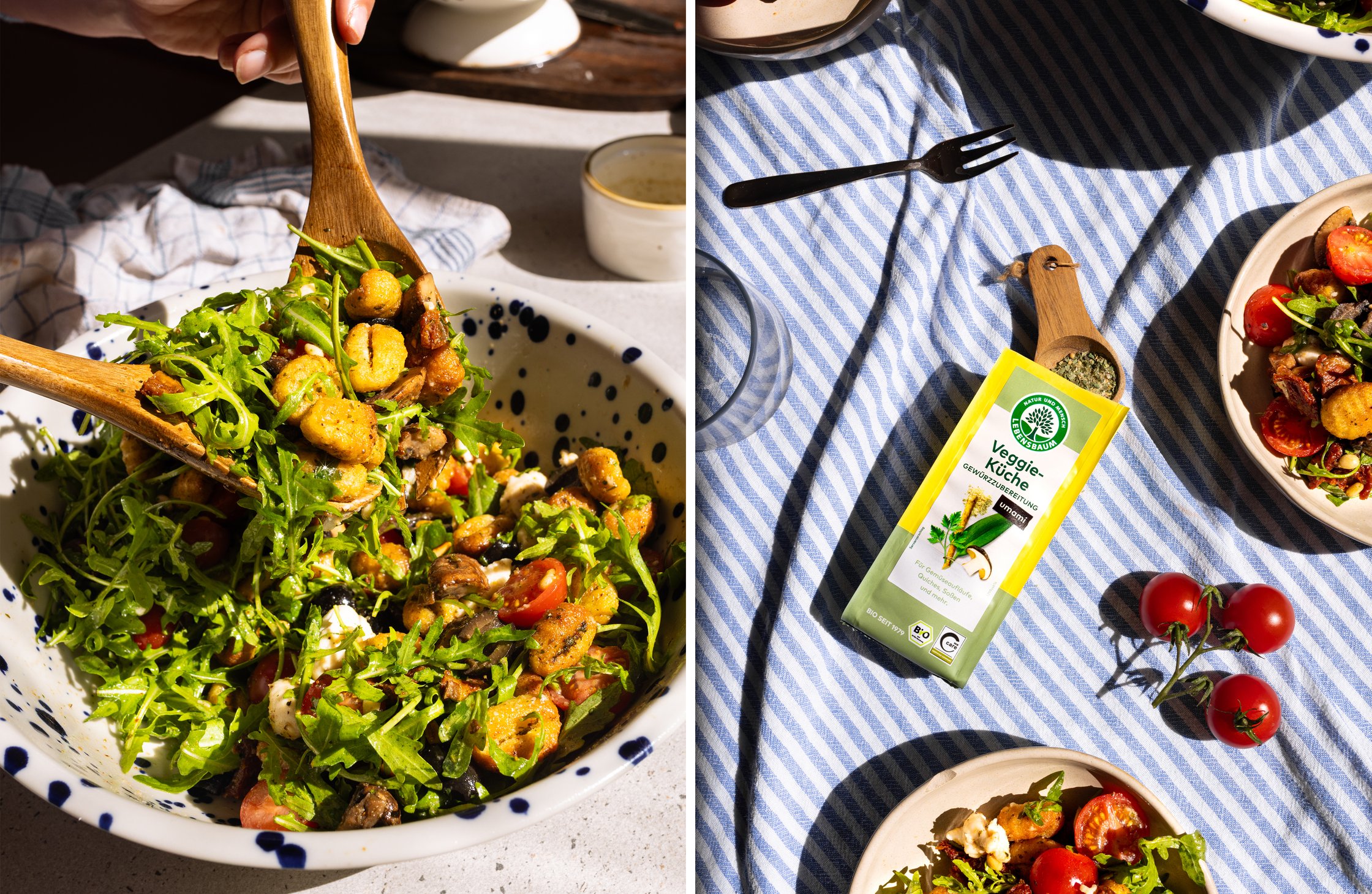 Ein zweigeteiltes Bild: Links wird der frische Salat geschöpft und rechts liegt das Veggie-Gewürz von Lebensbaum auf der Pick