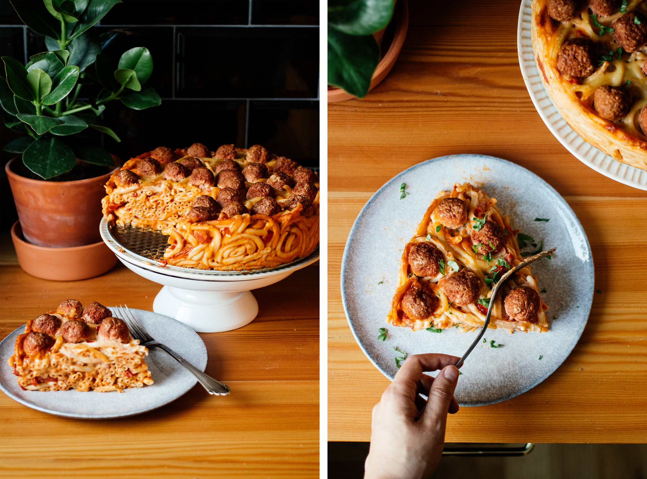 eating Vegan Macaroni Pie with Meatless Meatballs with a fork