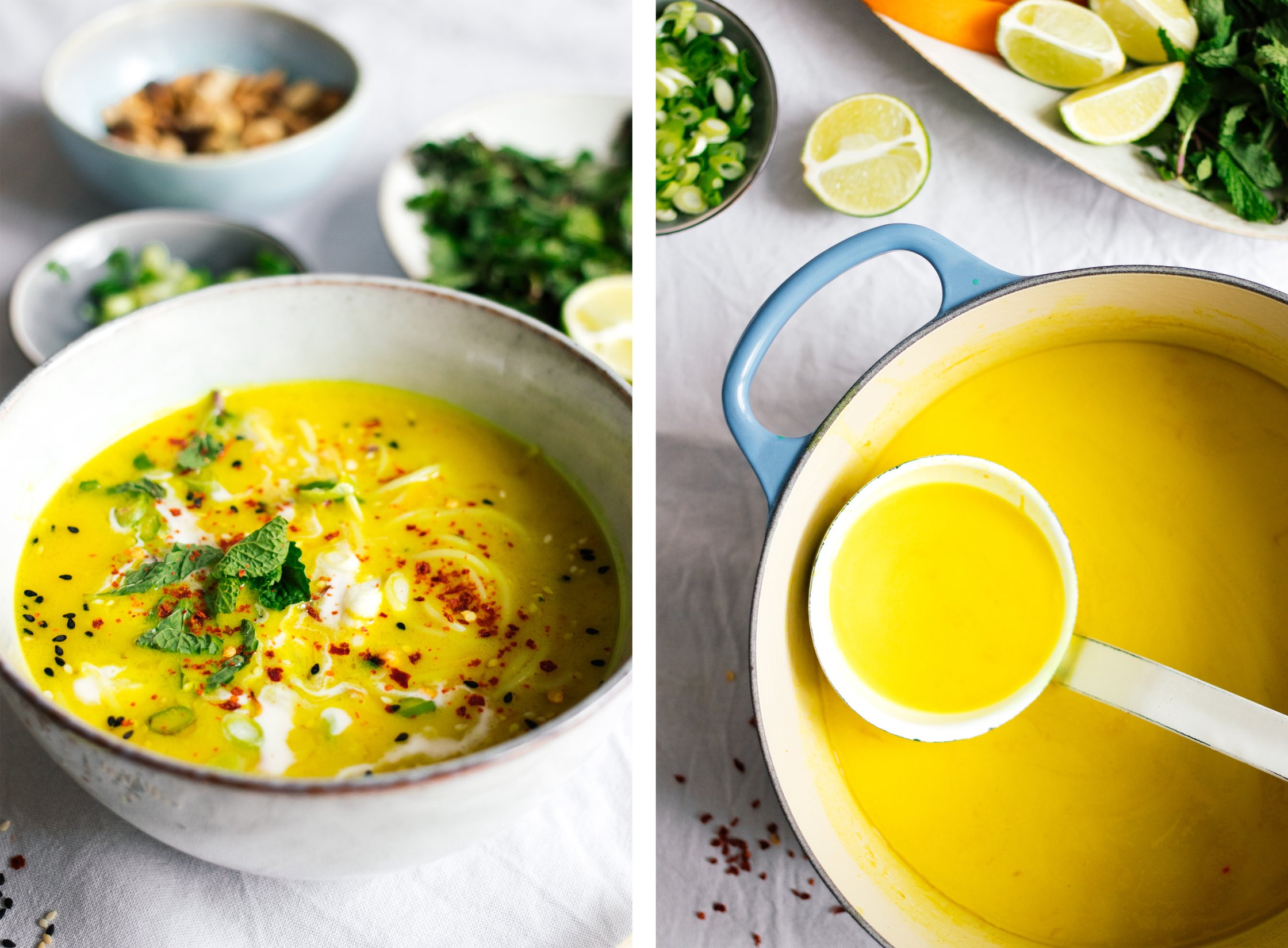 close up of vegan golden coconut soup