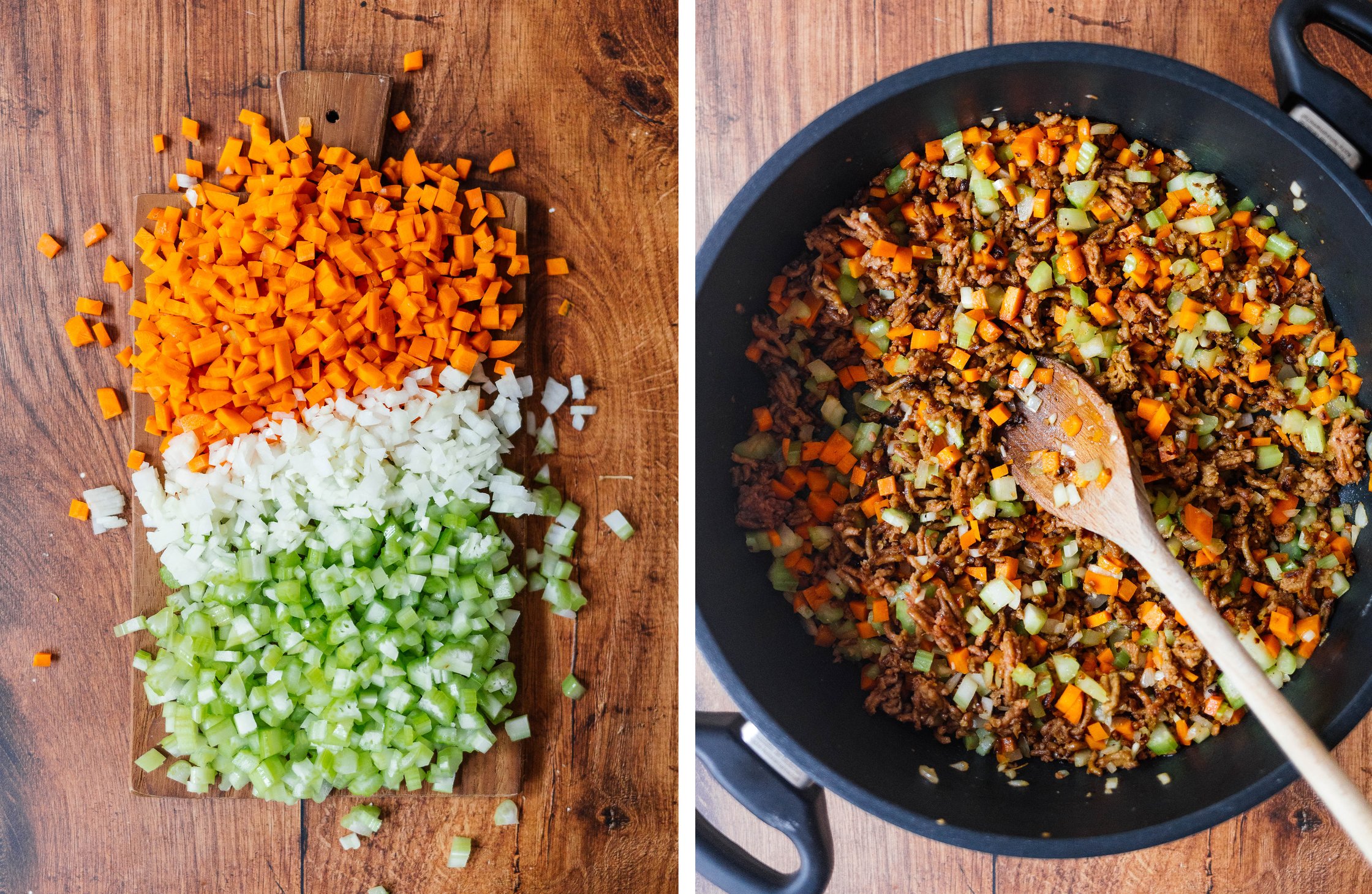 Gemüse klein gewürfelt; Gemüse mit veganem Hackfleisch angebraten
