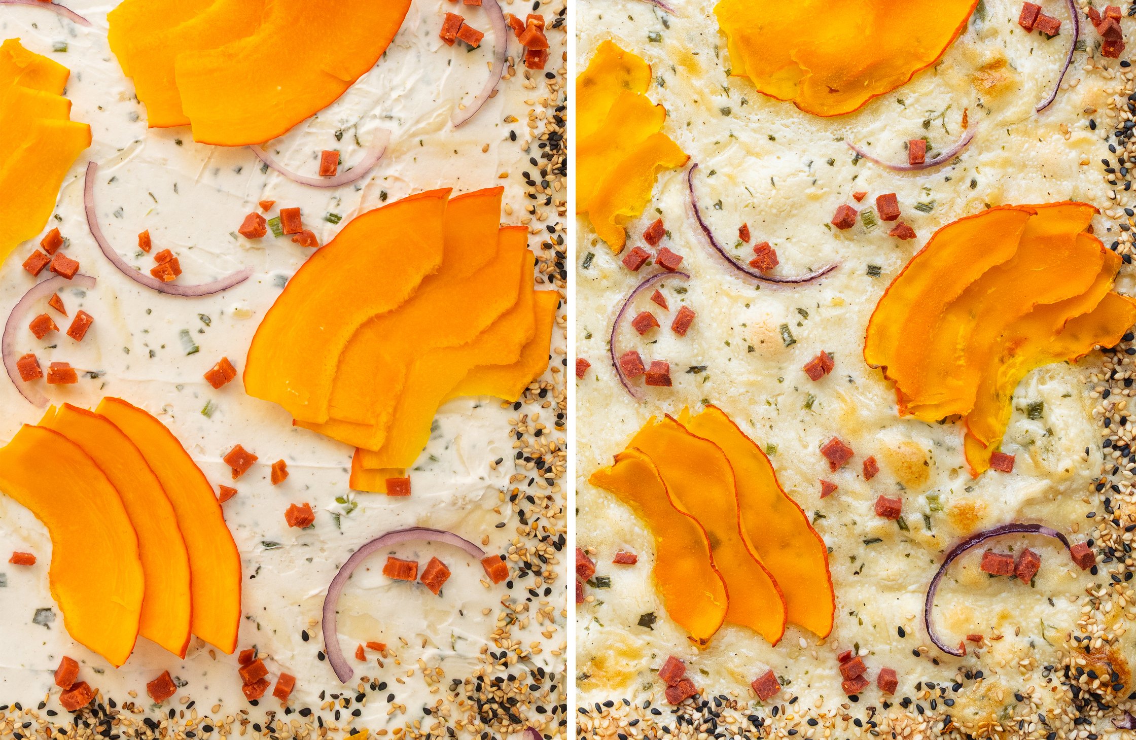Close-up of flammkuchen before and after baking.