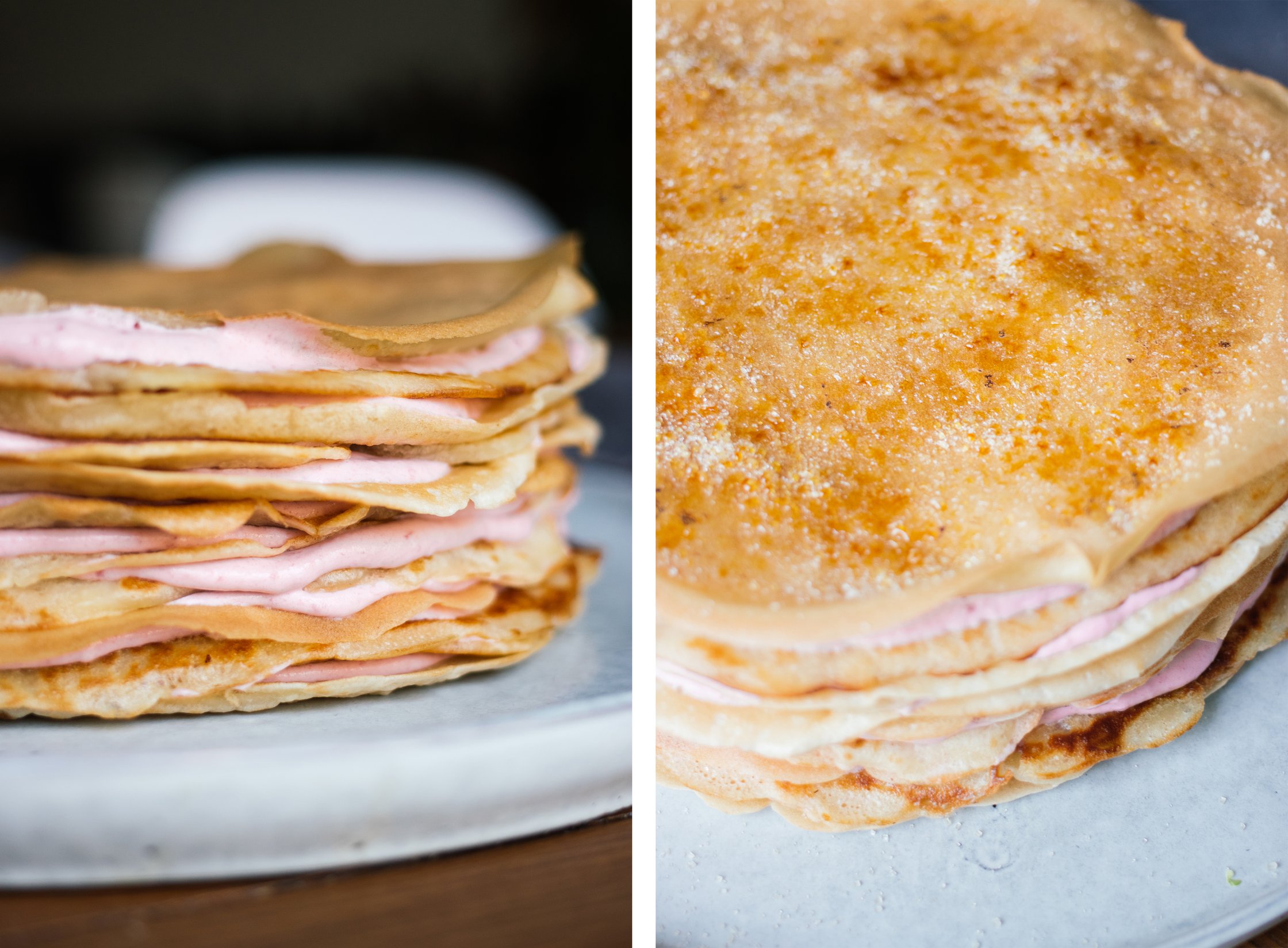caramelized top layer of Vegan crêpe cake with strawberries