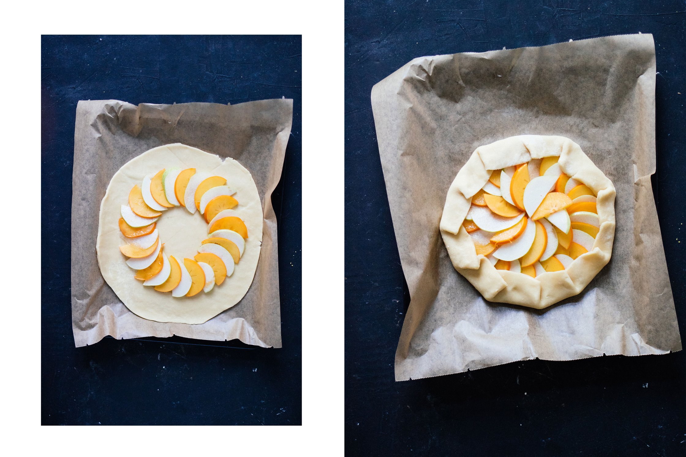 Galette liegt auf einem Backblech und wird belegt