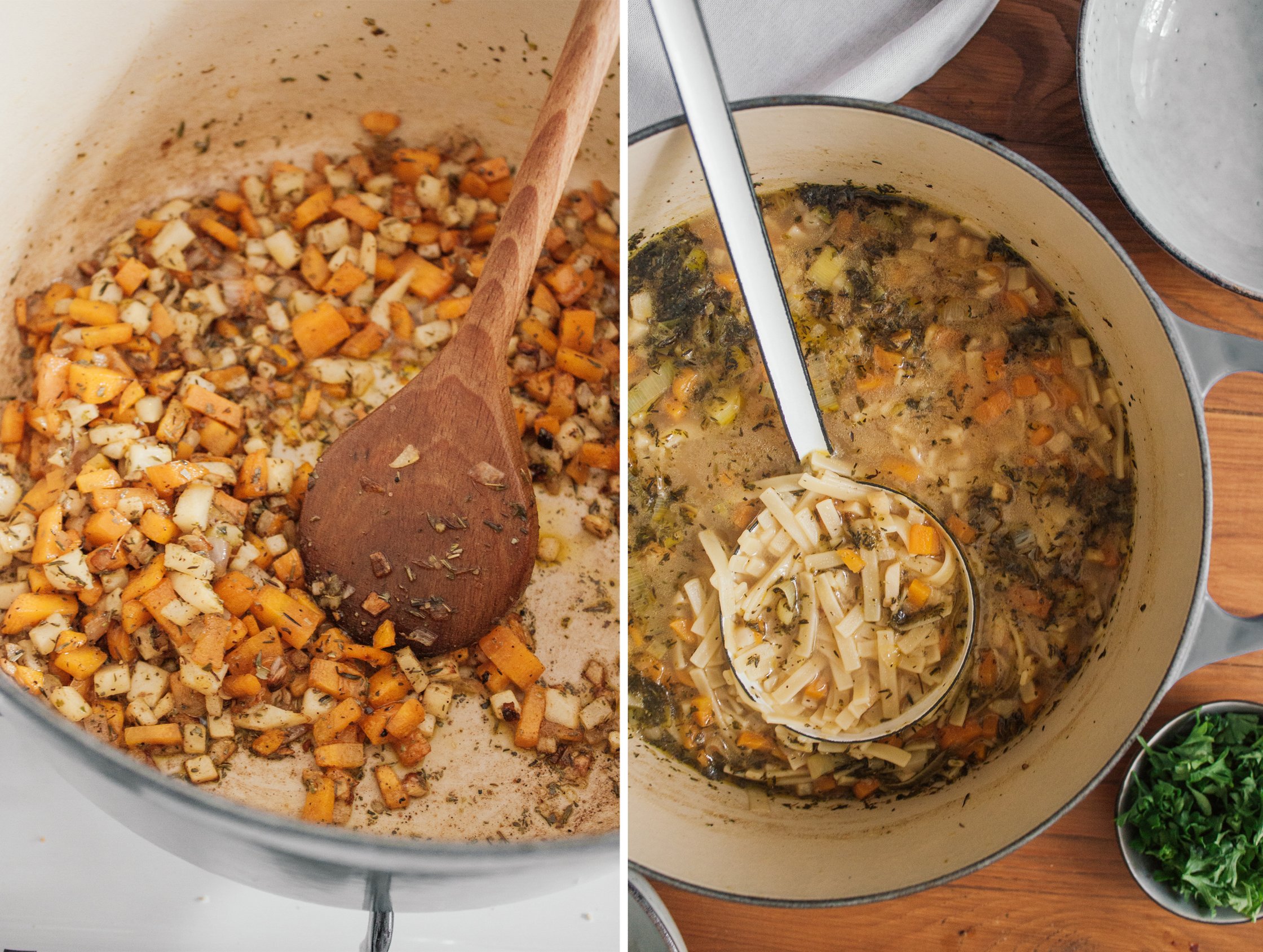 nudelsuppe im kochtopf