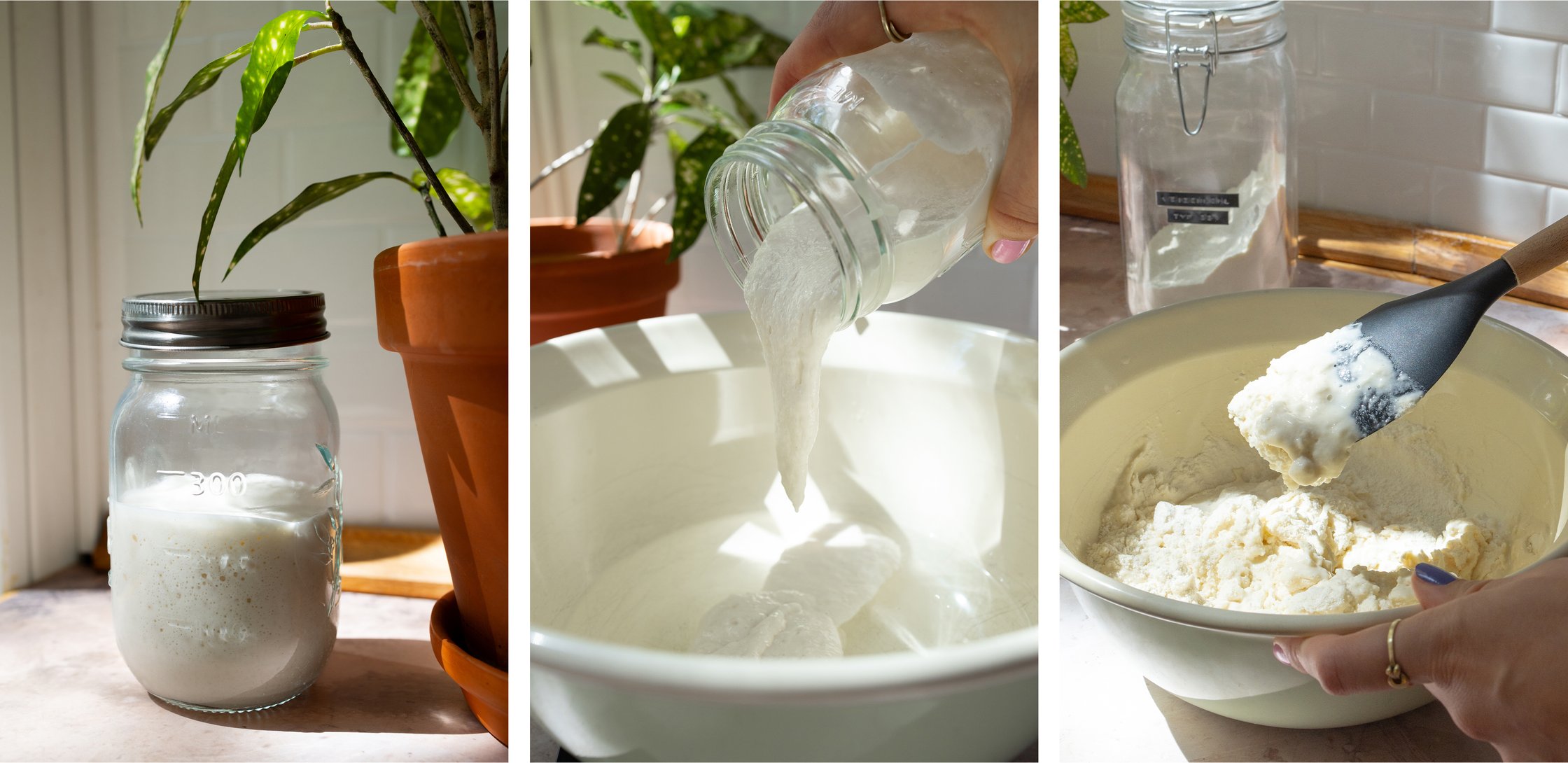 links: Sauerteig Starter in einem Glas mit Deckel
mitte: Sauerteig wird in eine Schüssel gegebene
rechts: teig wird verknetet