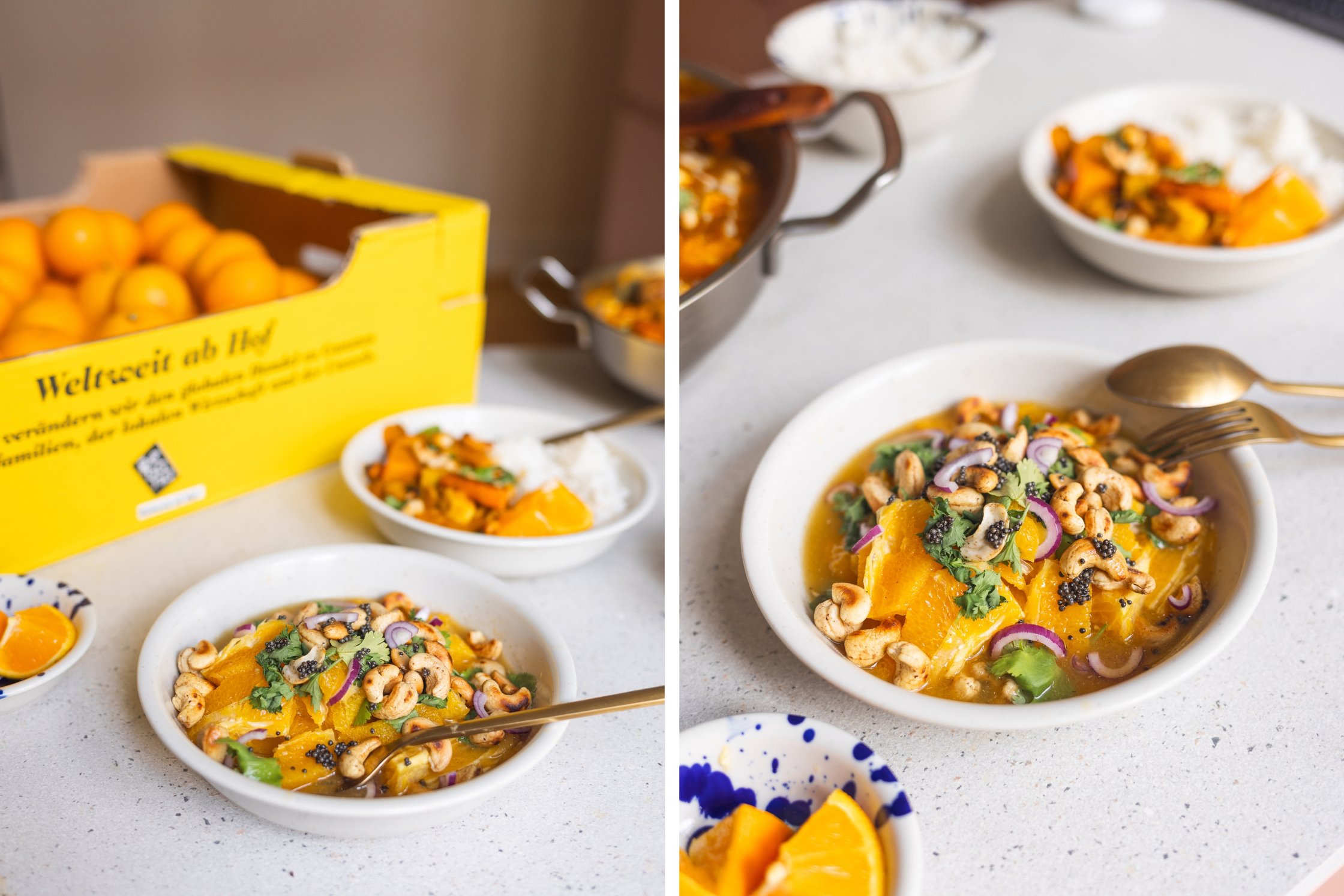 Vegan pumpkin curry with orange, cashews and herbs in white bowls, yellow box of oranges beside