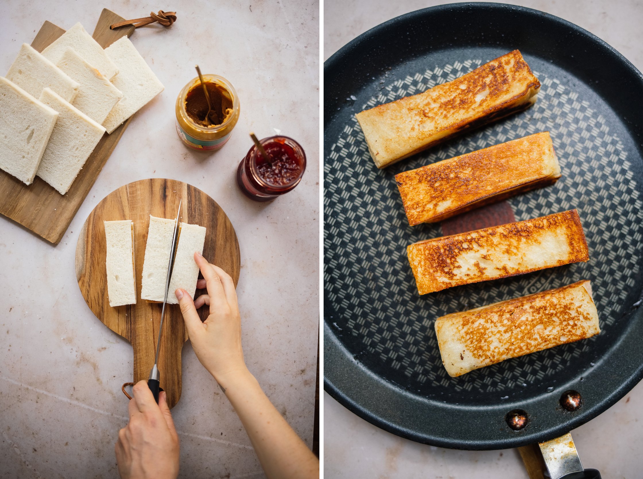 veganes toastbrot dritteln und in der pfanne goldbraun braten