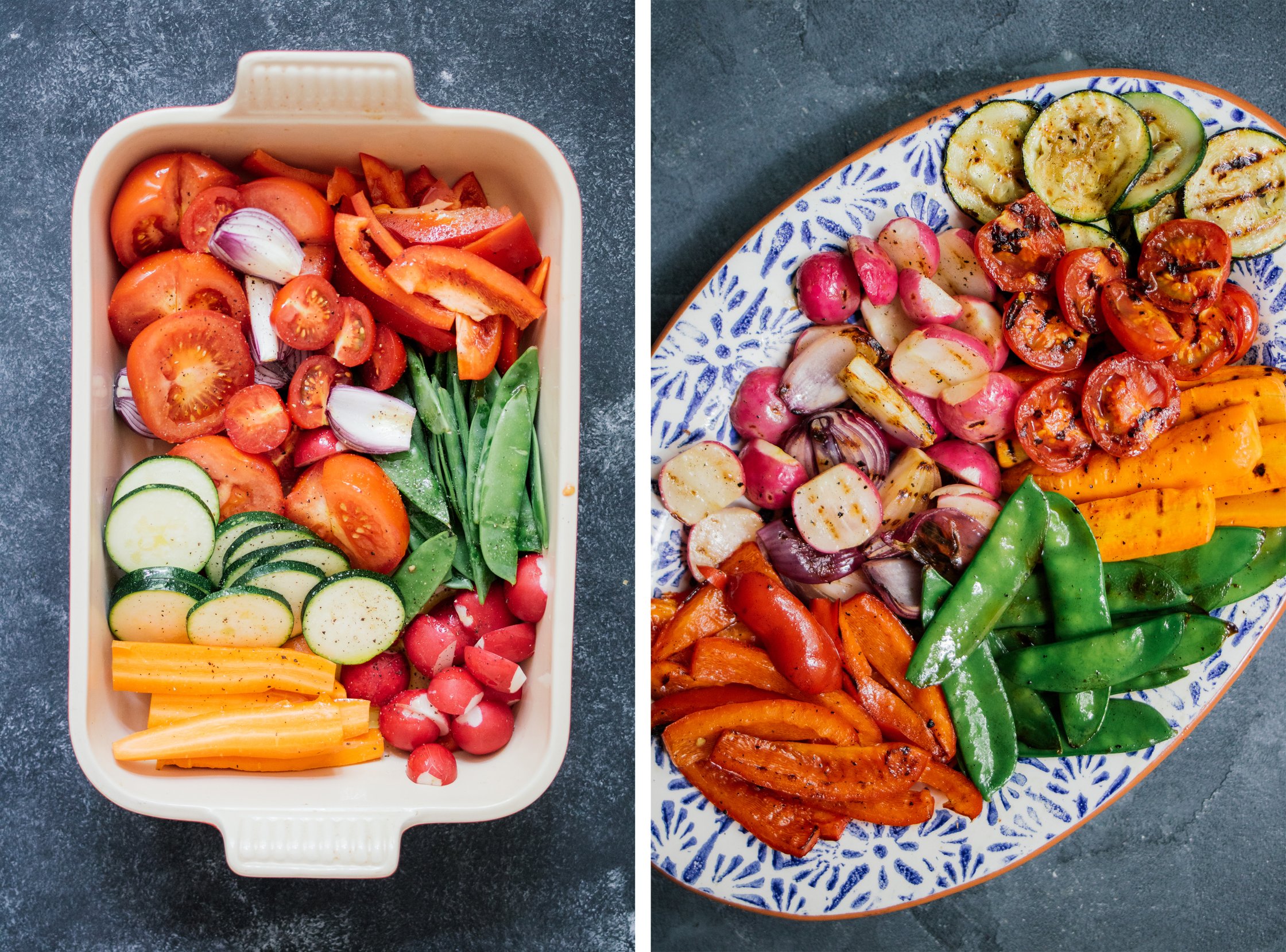 gemüse vor und nach dem grillen