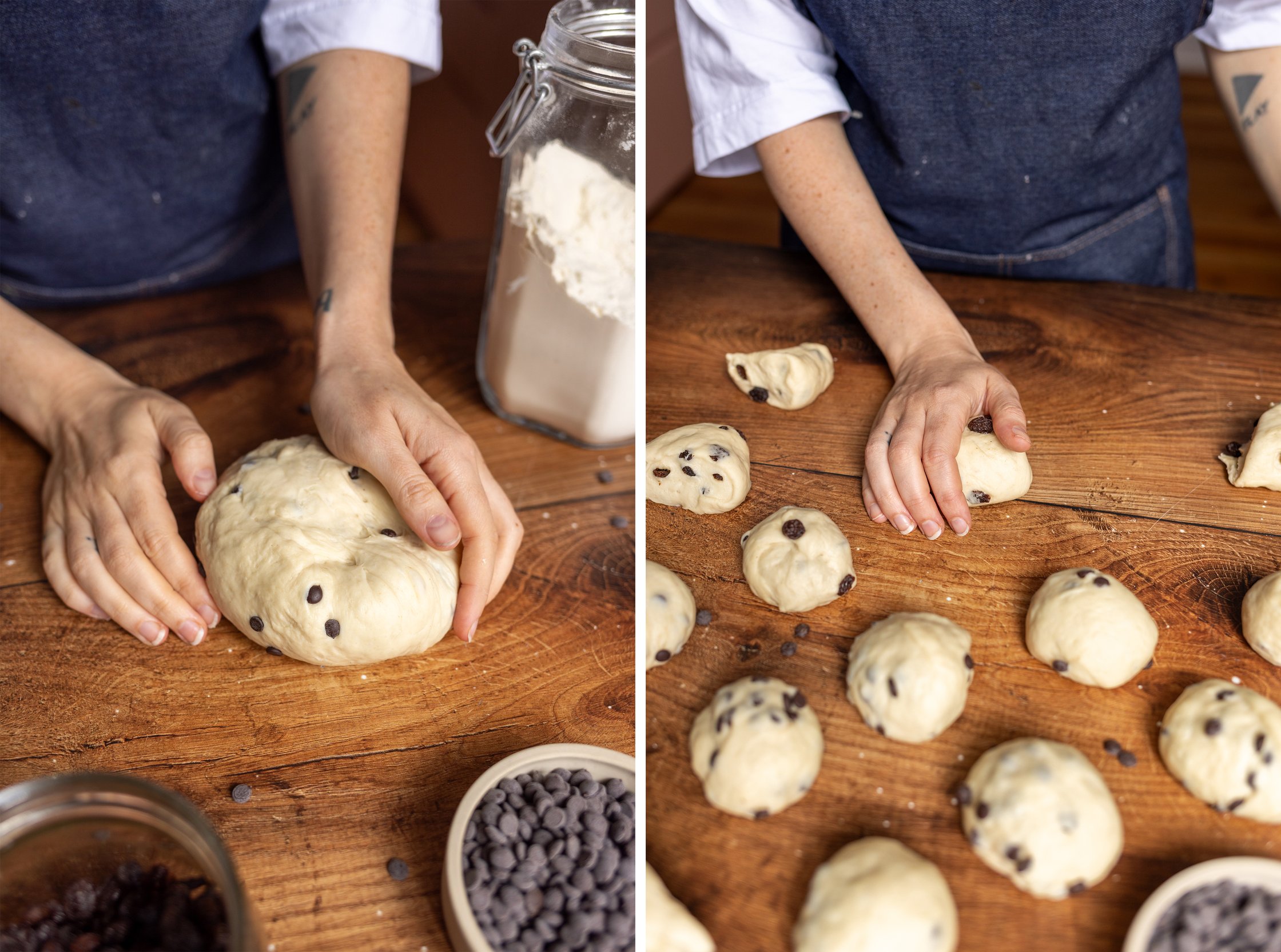 Hands shaping dough pieces into balls on a wooden board