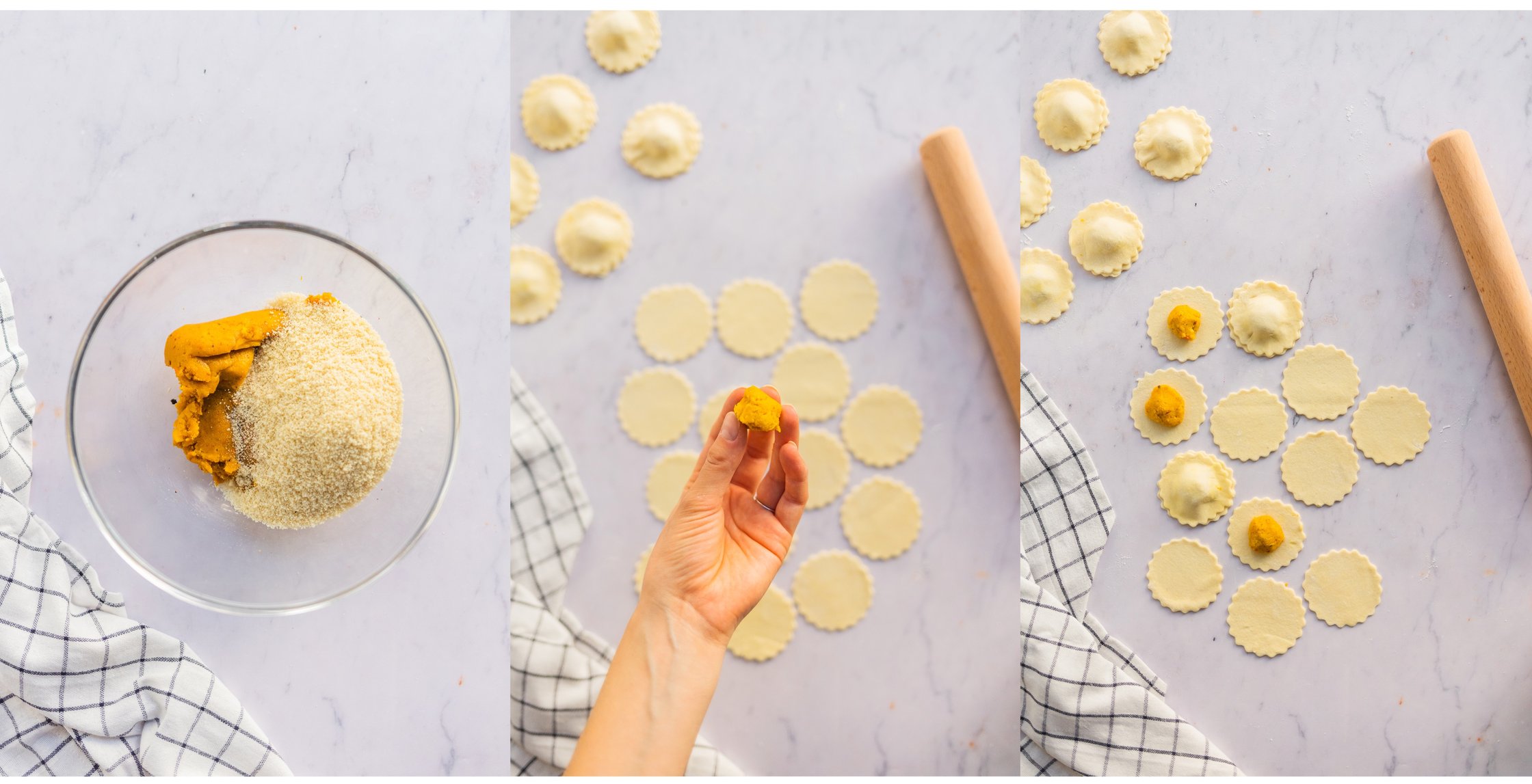 Raviolis mit Kürbisfüllung gefüllt, Teller mit fertigen Raviolis