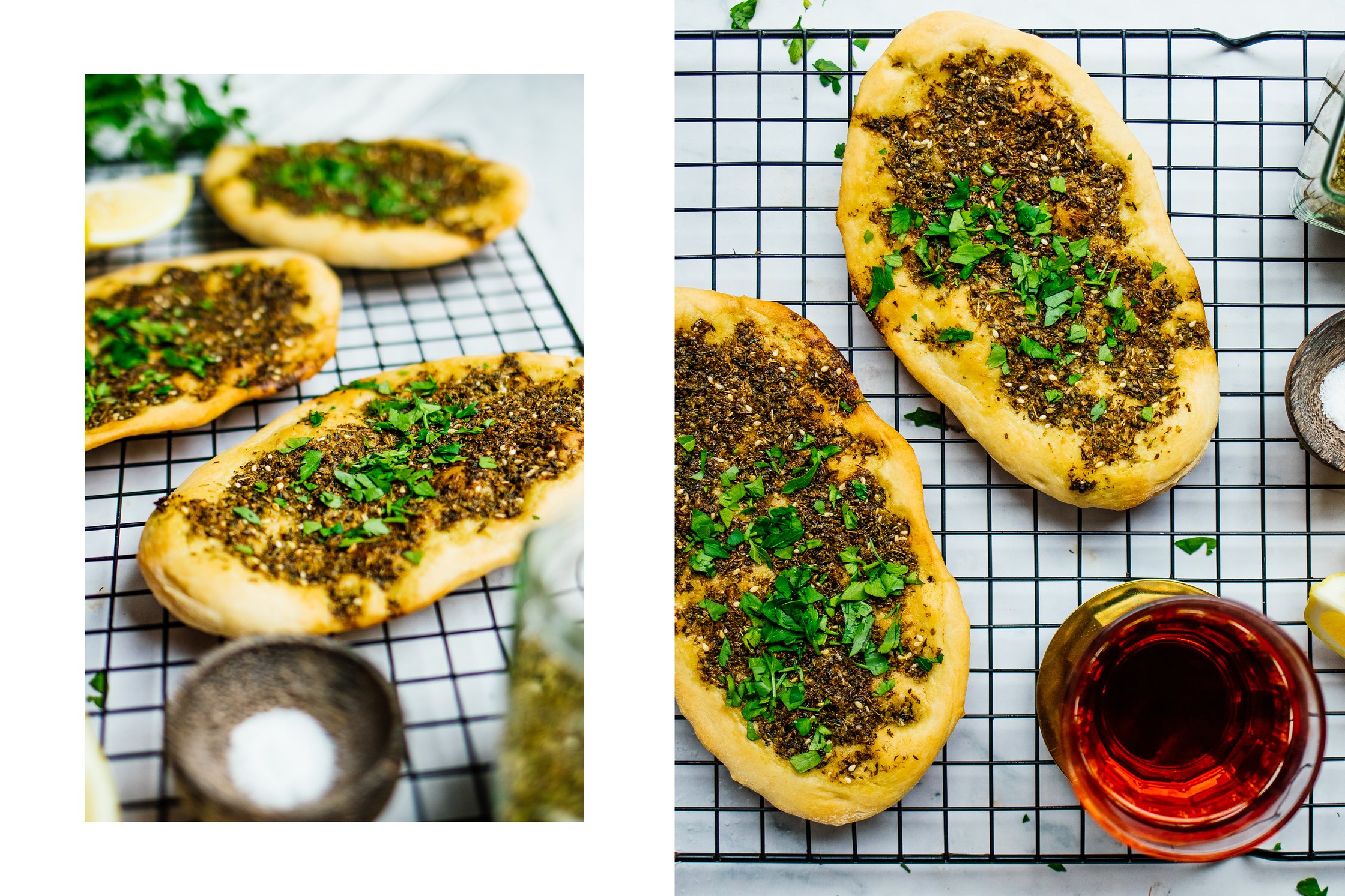 vegane Manakish mit Zatar und einem Glas Tee