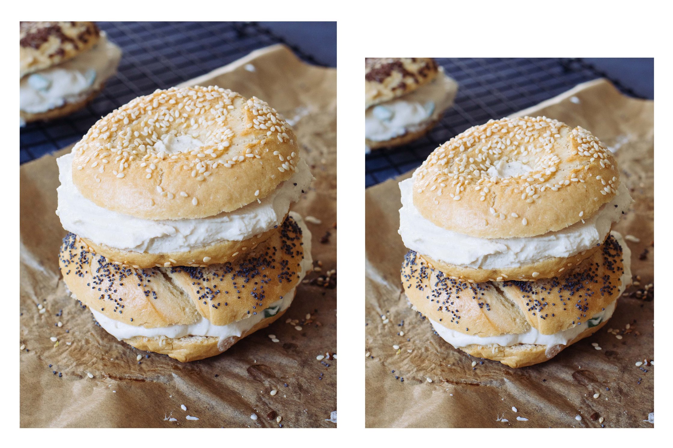 Bagels are baked and stuffed with cream cheese