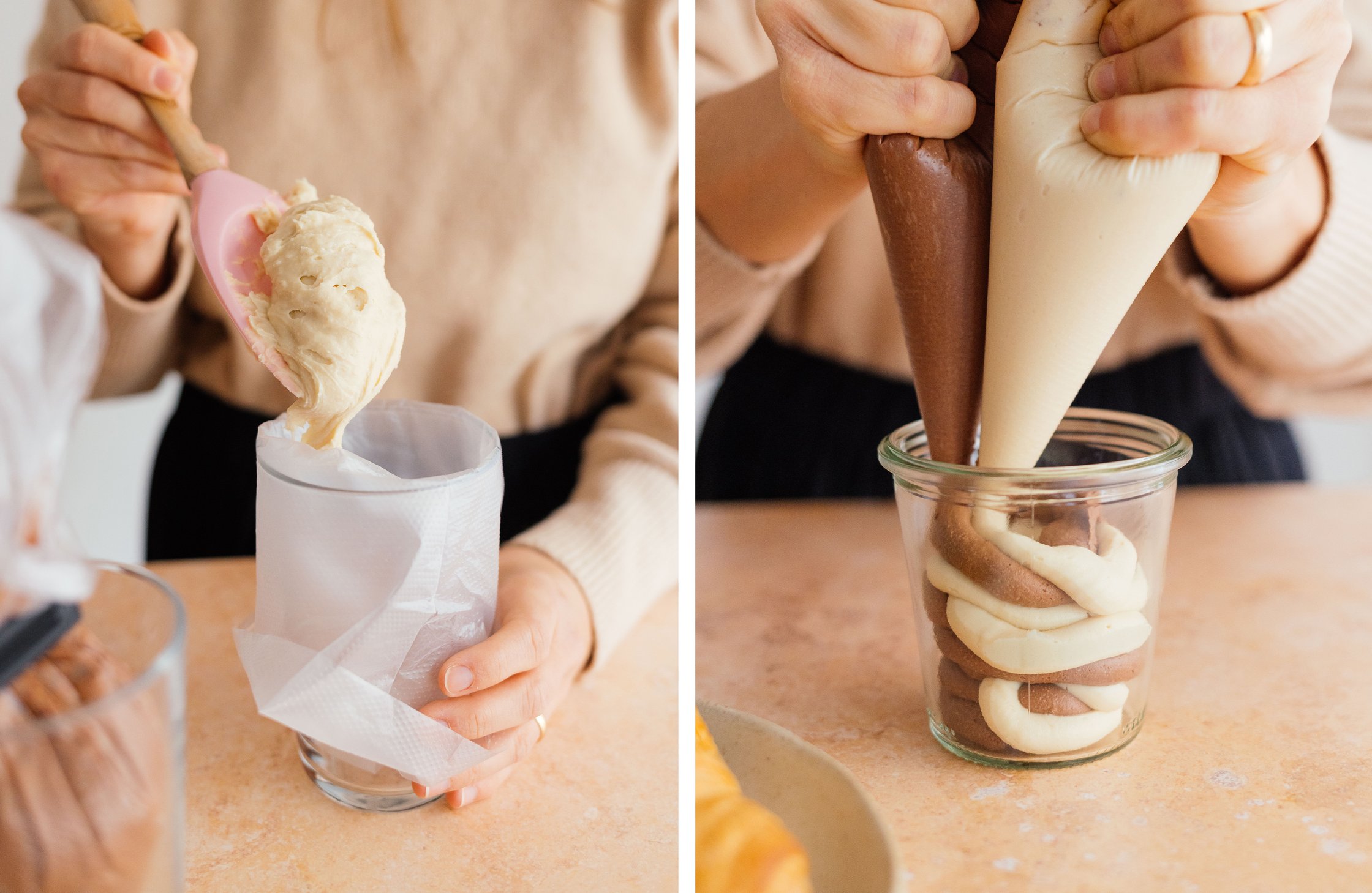 helle und dunkle Schokocreme kreisförmig in ein Glas geben, damit ein Swirl entsteht