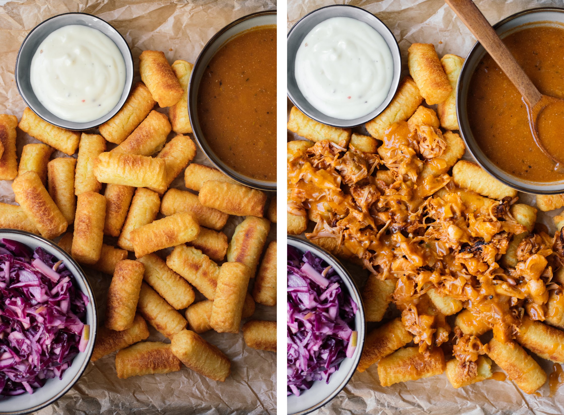 vegan tater tots topped with  jackfruit